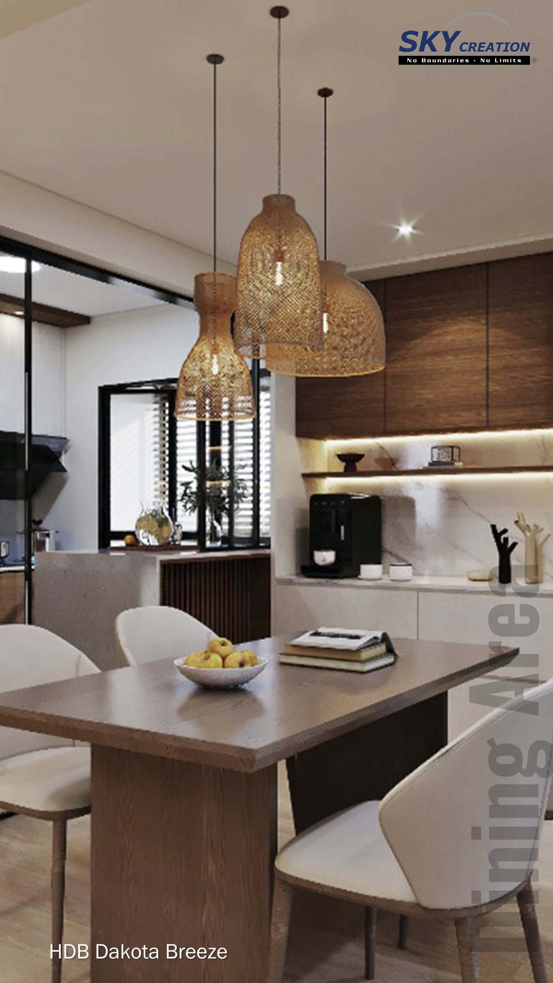 Dakota Breeze dining table beneath woven pendant shades beside a lit storage counter