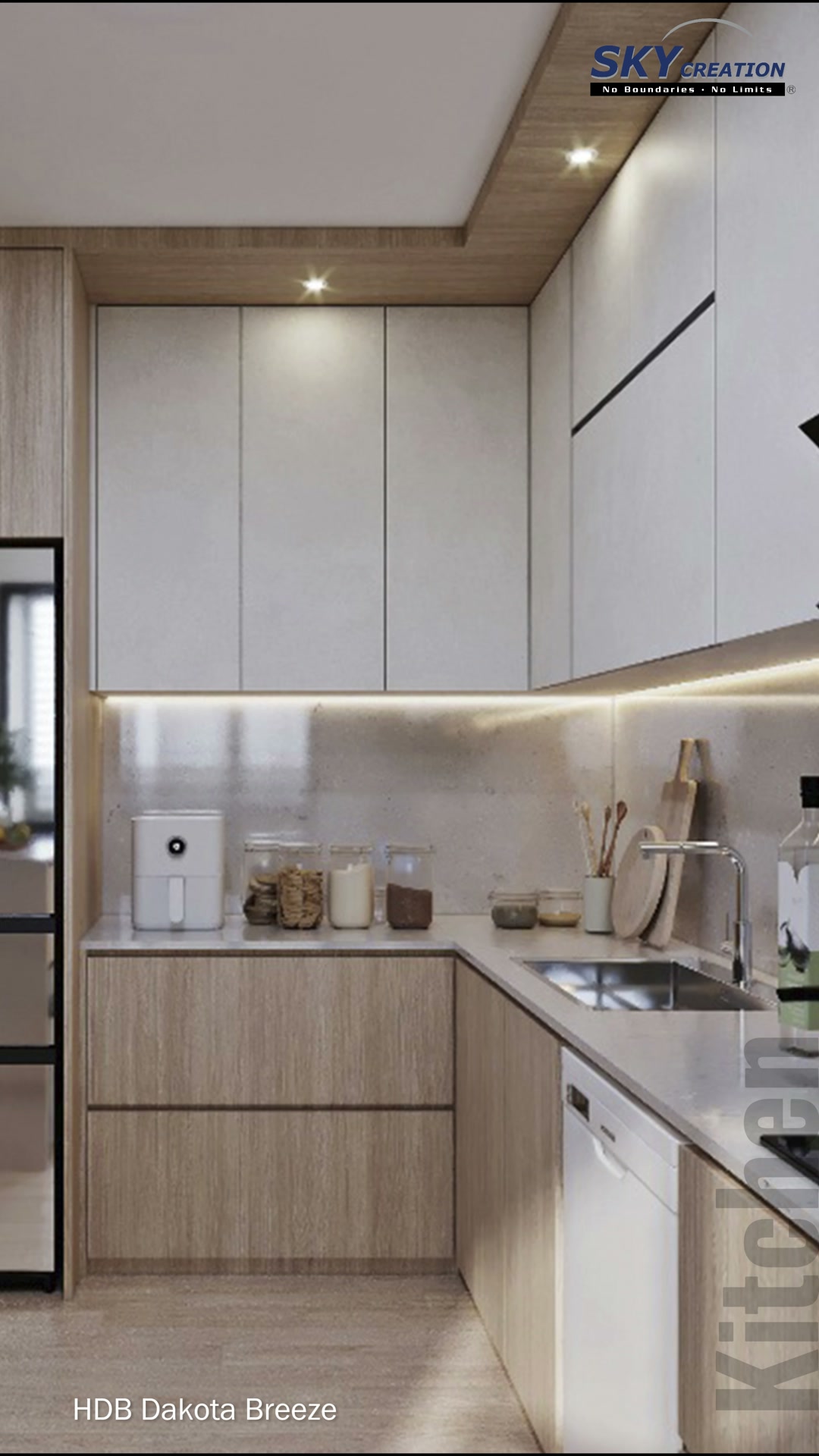 Dakota Breeze alternative kitchen finish view with lighter timber fronts and a pale worktop