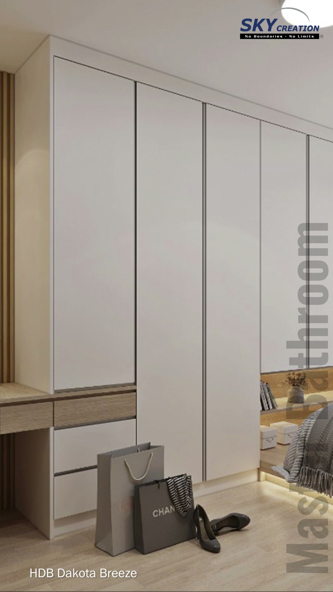 Dakota Breeze bedroom wardrobes with mirrored panels and an integrated dressing surface