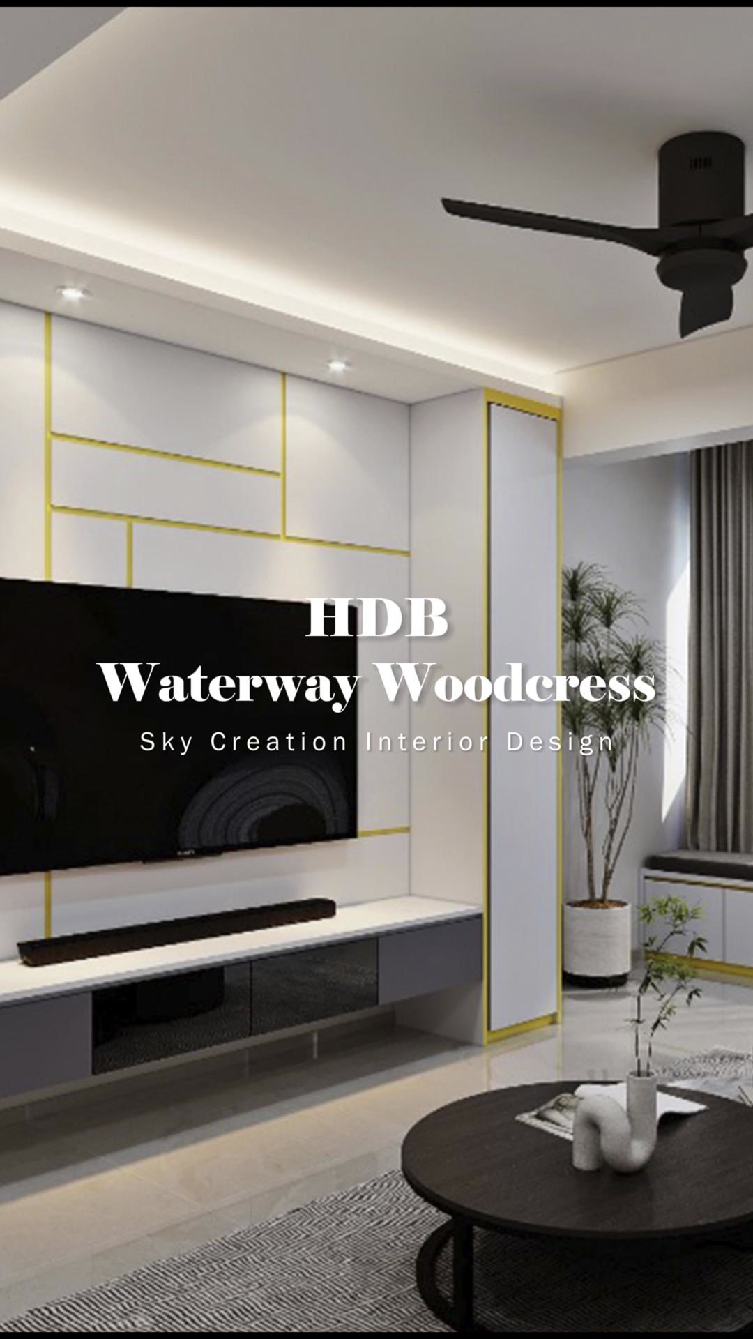 Original HDB Waterway Woodcress 3D cover with a white television feature, yellow-gold trims and black ceiling fan