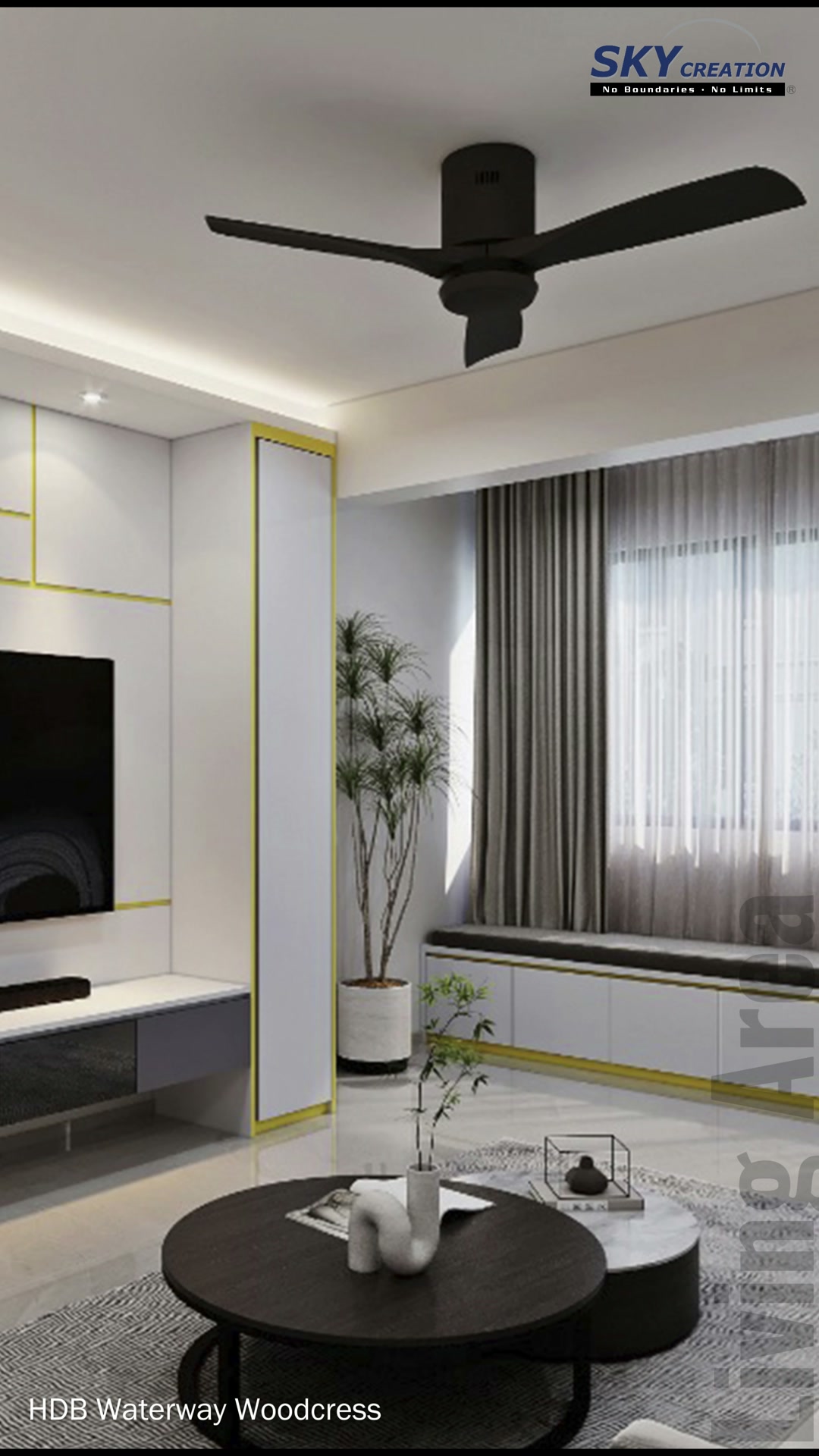 Waterway Woodcress living room with a geometric television feature and black ceiling fan