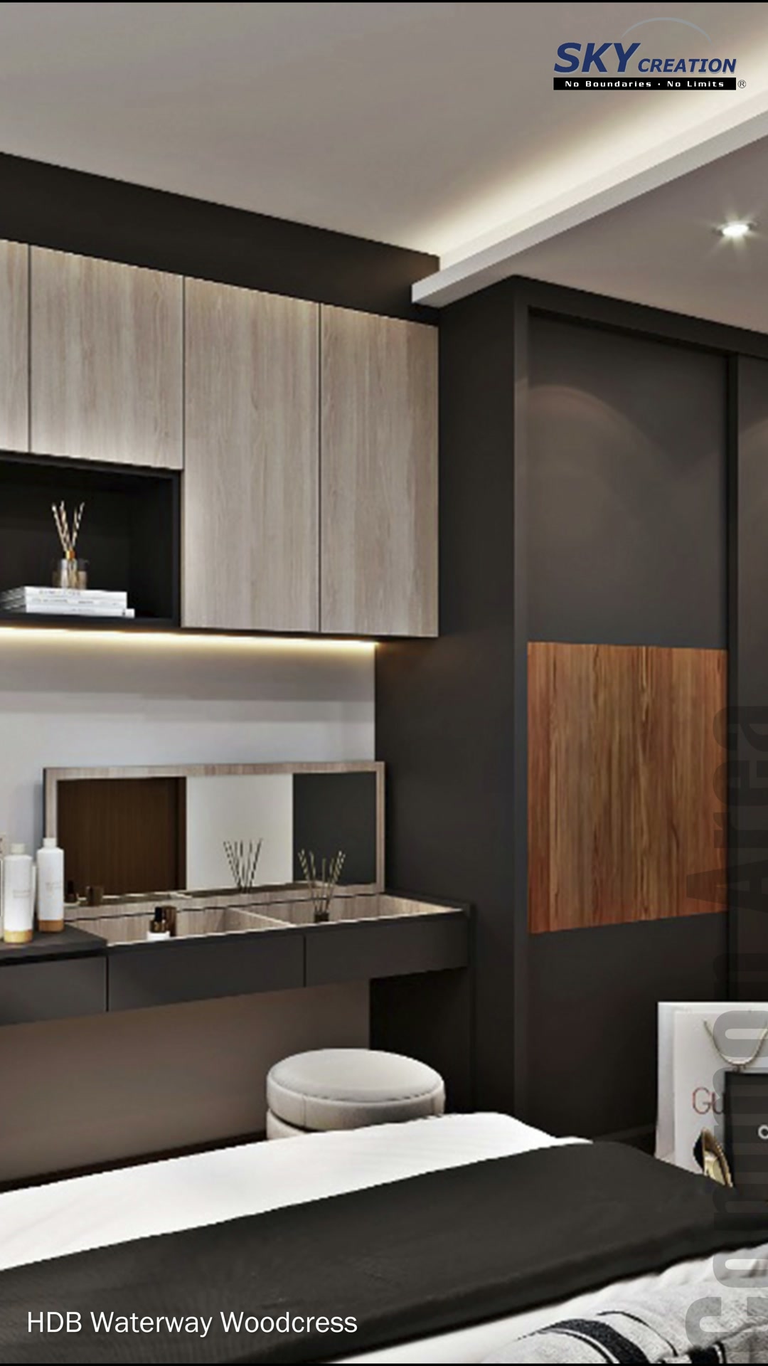 Waterway Woodcress bedroom dressing surface beside a tall dark cabinet with timber detailing