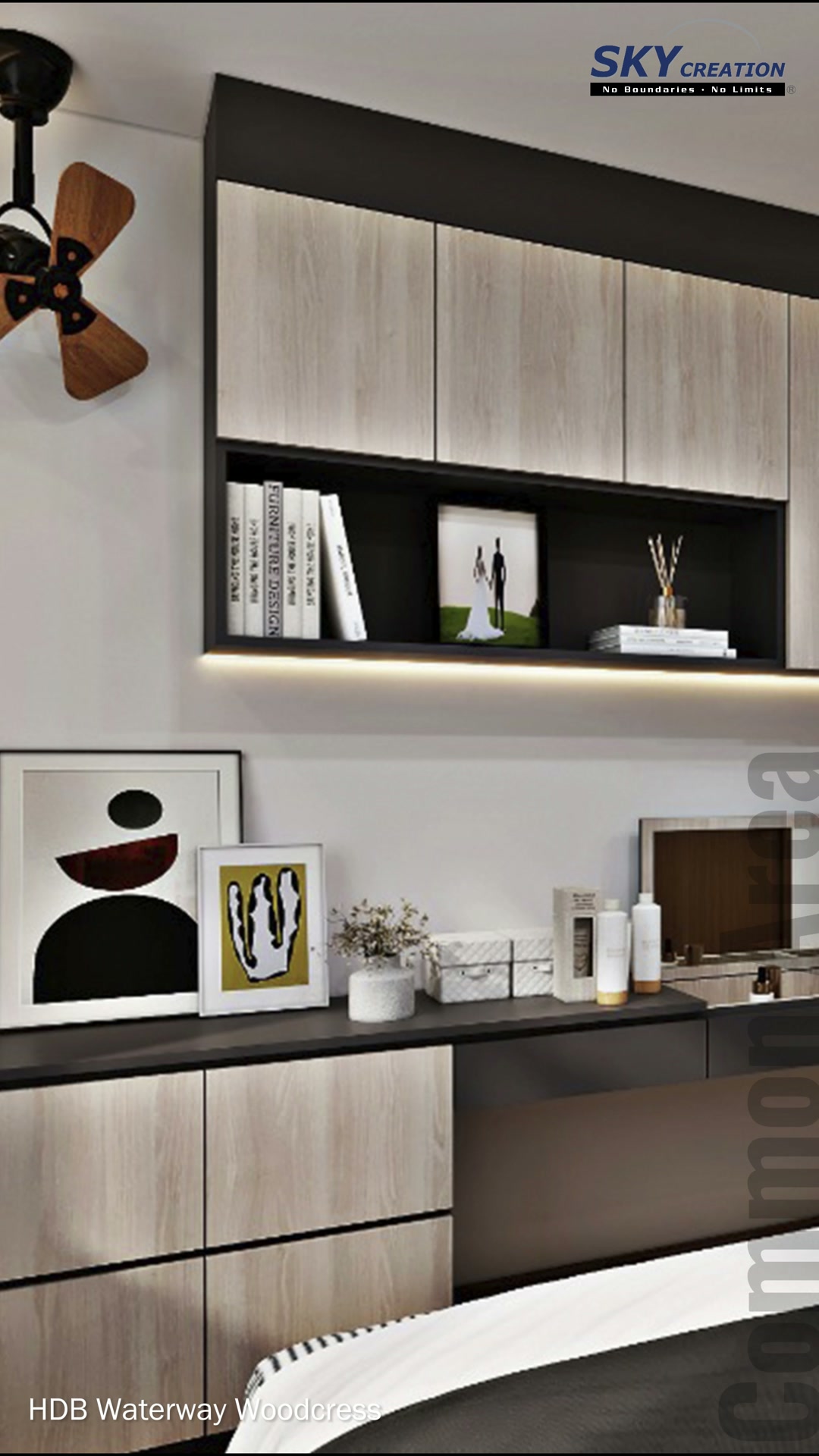 Waterway Woodcress bedroom drawers and dressing counter beneath illuminated overhead shelving
