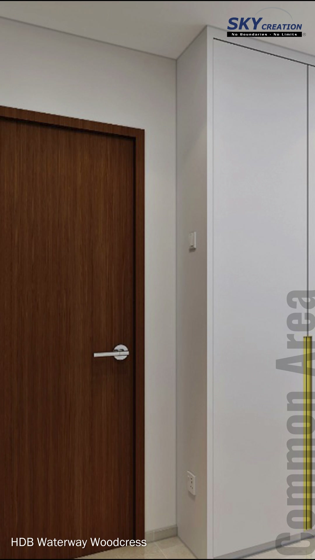 Waterway Woodcress pale tall cabinets beside a timber door with long yellow-gold handles