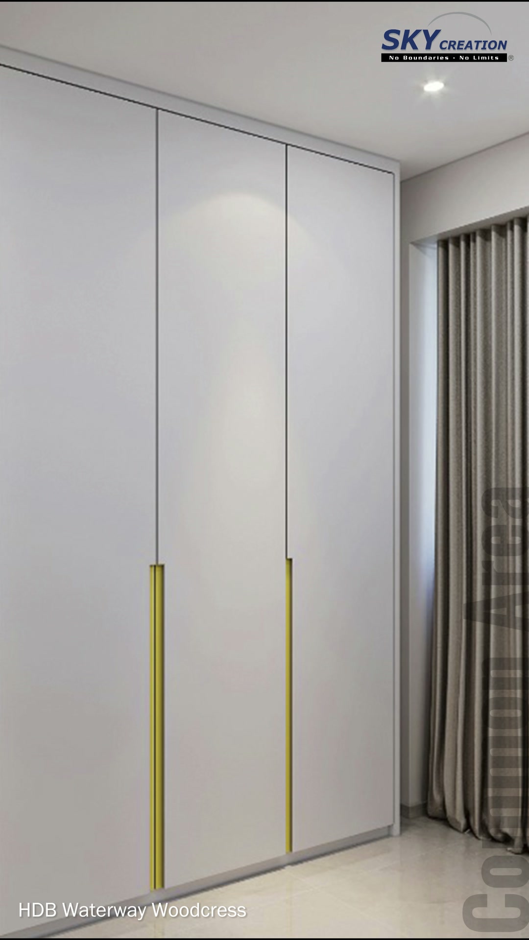 Waterway Woodcress full-height pale cabinet doors and yellow-gold handles beside curtains
