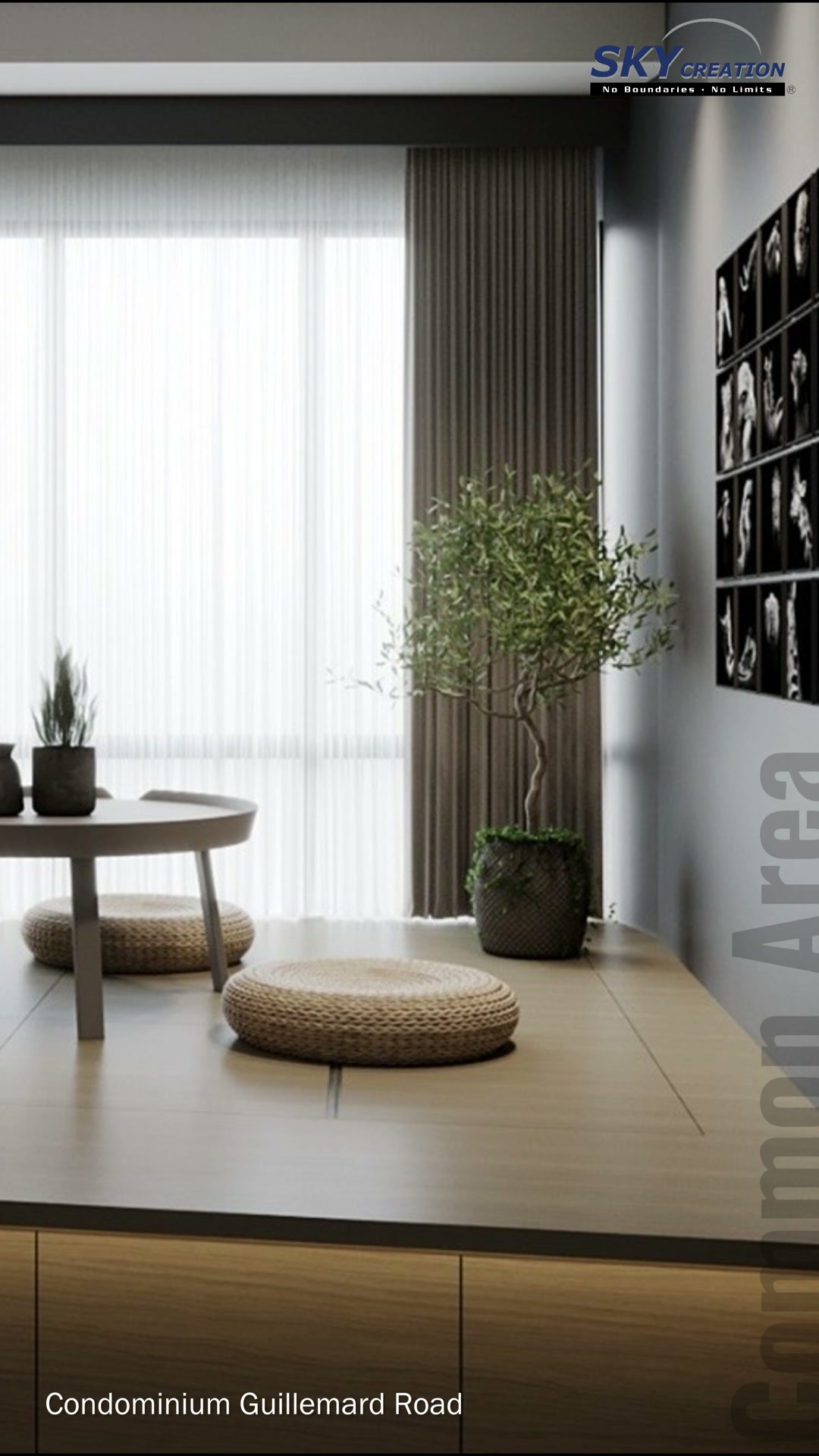 Guillemard Road window-side timber platform with a low table, woven cushions and a photo wall