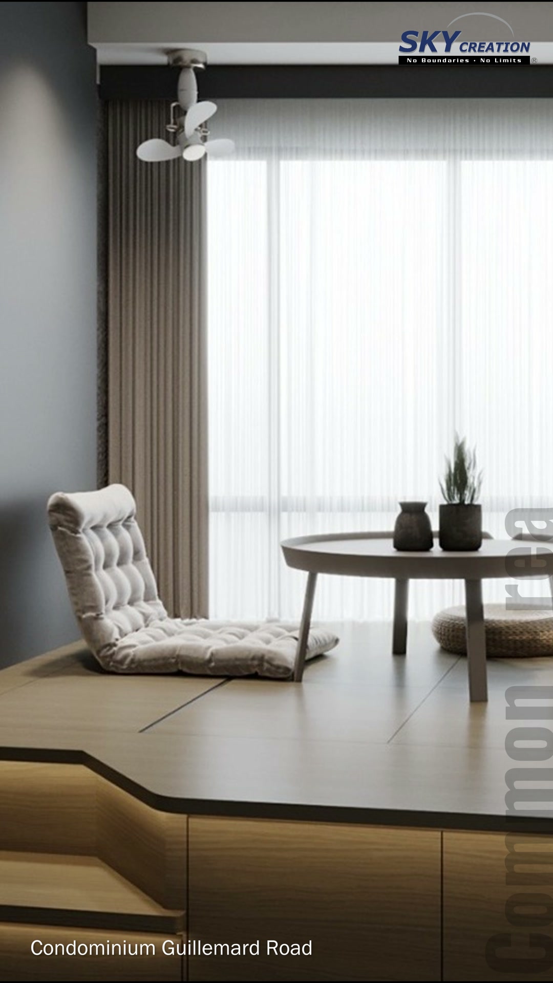 Guillemard Road raised seating platform with an angular illuminated step and padded floor chair