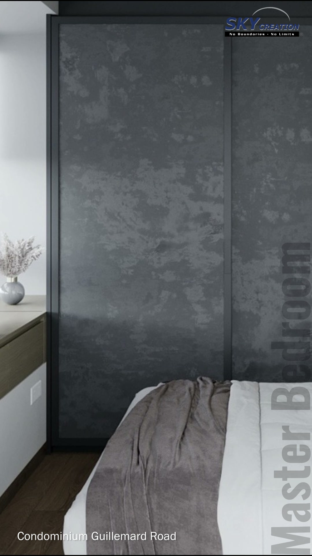 Guillemard Road bedroom with grey textured sliding panels and a bedside surface