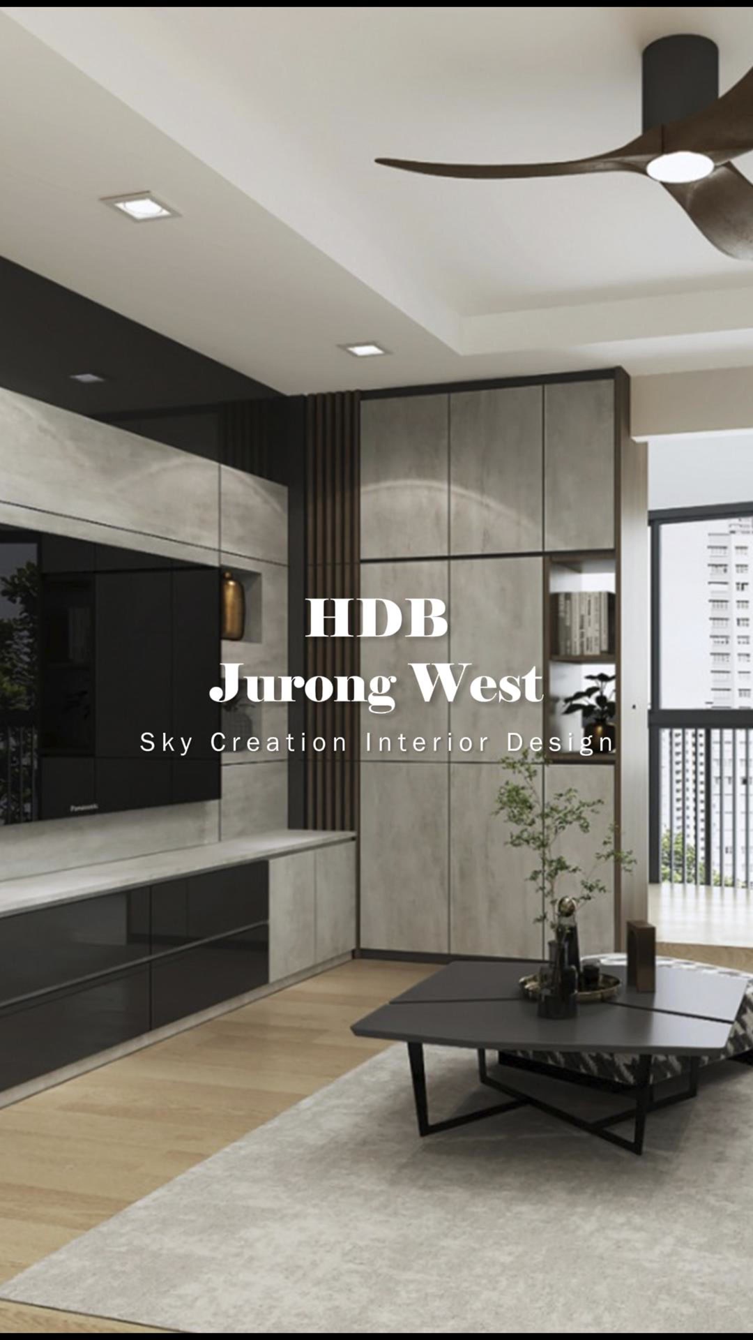 Original HDB Jurong West 3D cover showing the stone-look television cabinetry, vertical dark slats, ceiling fan and low coffee table