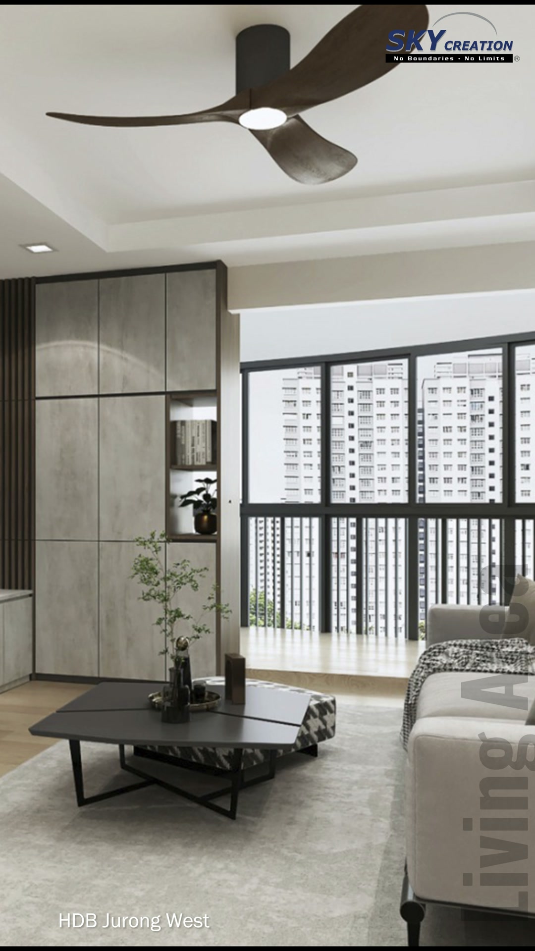 Jurong West living room with stone-look storage, dark coffee table and balcony window