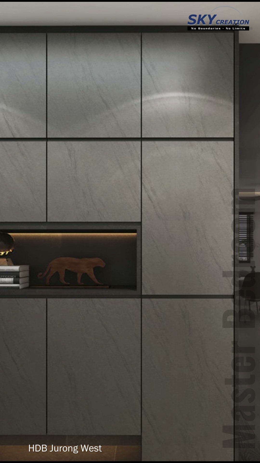 Jurong West grey wardrobe panels with a recessed illuminated display niche