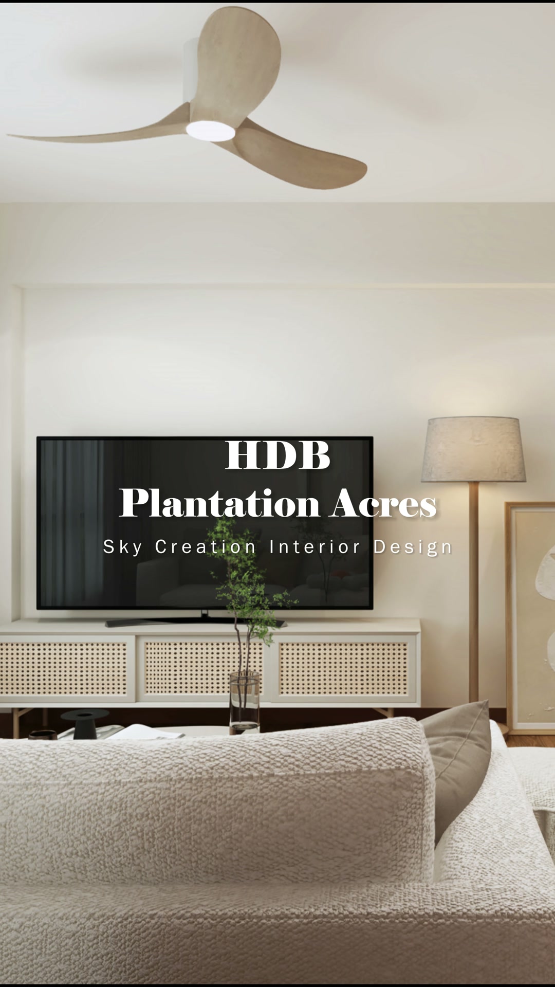 Plantation Acres living room with pale sofa, rattan-front television console and timber-look ceiling fan