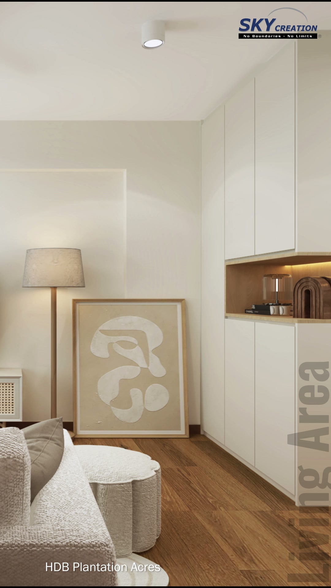 Plantation Acres living area with full-height pale storage, open display niche and warm timber flooring