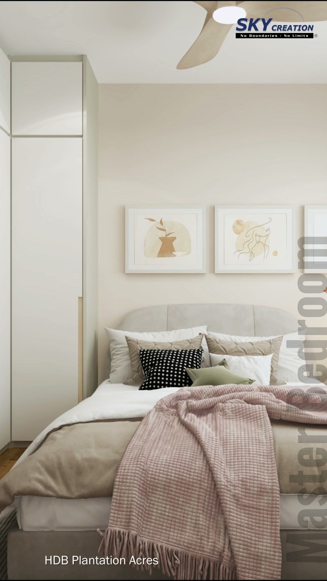 Plantation Acres bedroom with full-height wardrobe, framed prints and pale upholstered bed