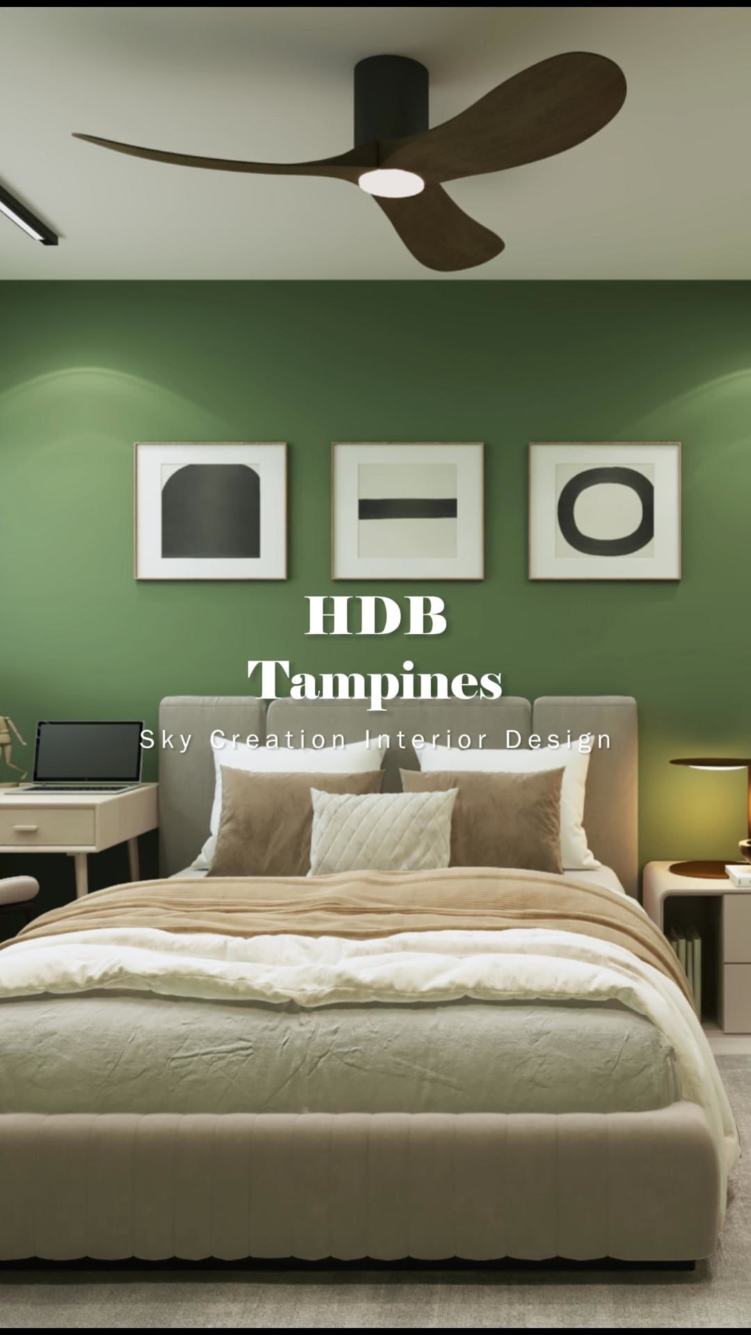 Original HDB Tampines 3D cover showing a green master-bedroom feature wall, three abstract prints, pale wardrobe and dark ceiling fan