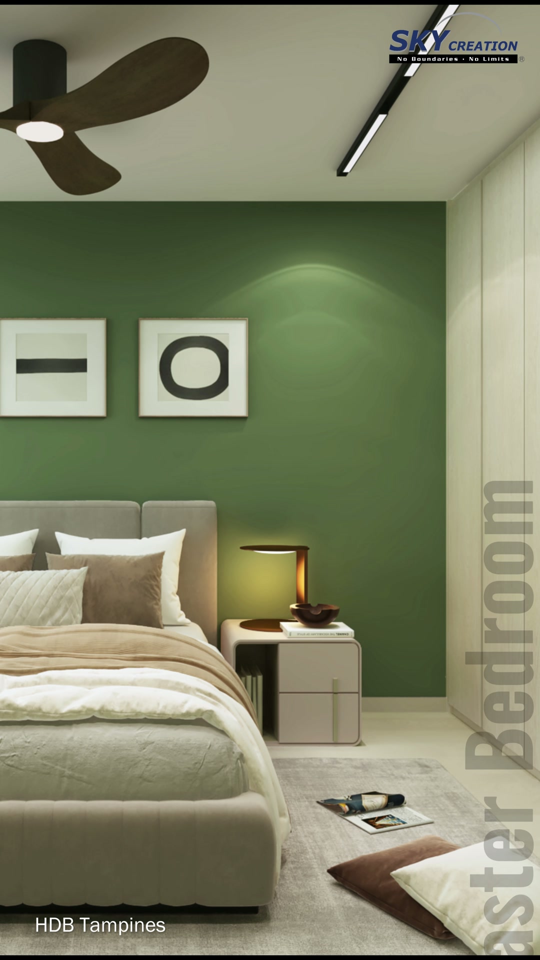Tampines master bedroom with green feature wall, three abstract prints and broad upholstered bed