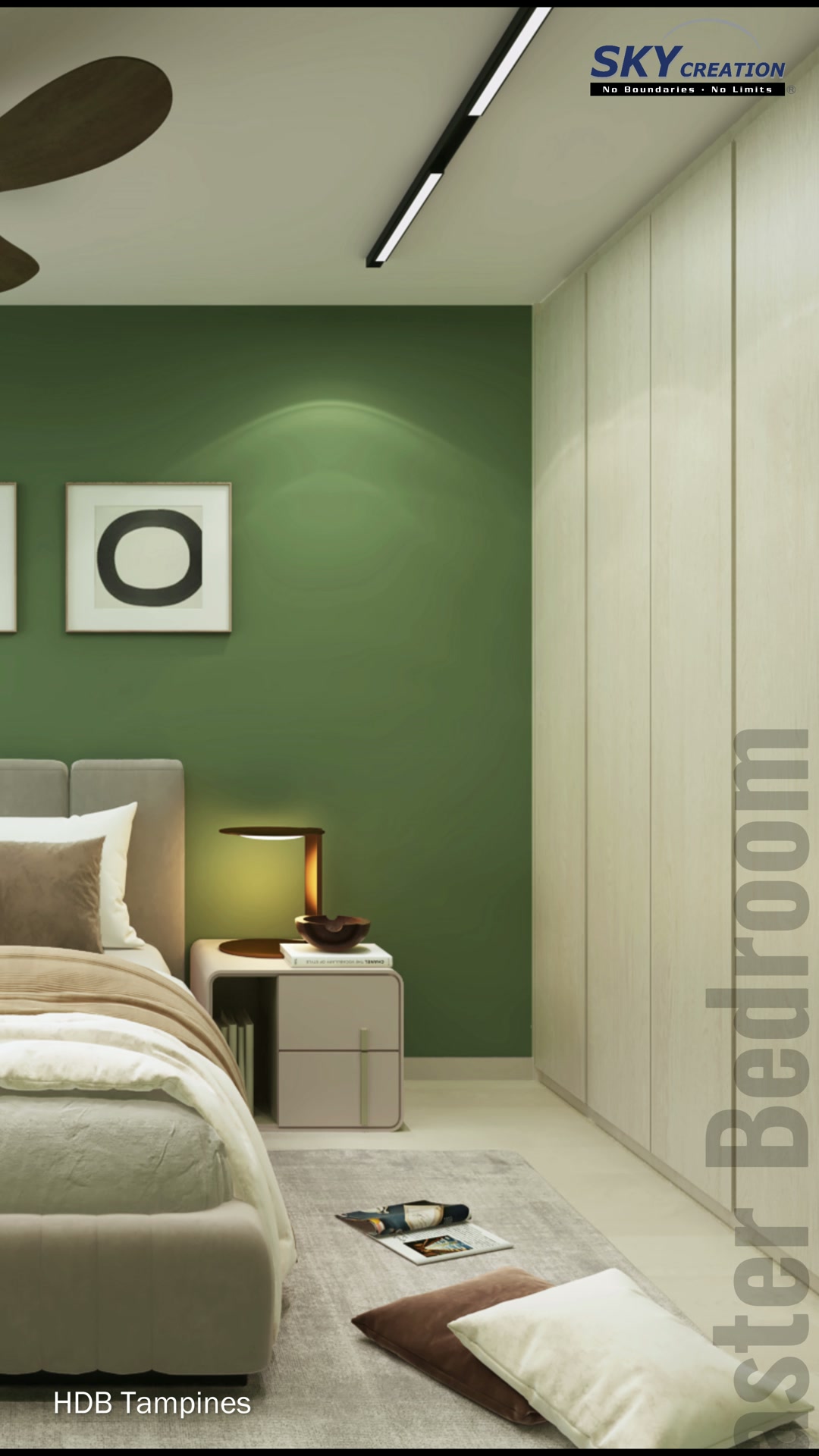 Tampines master bedroom with pale wardrobe, compact desk, bedside table and dark ceiling fan