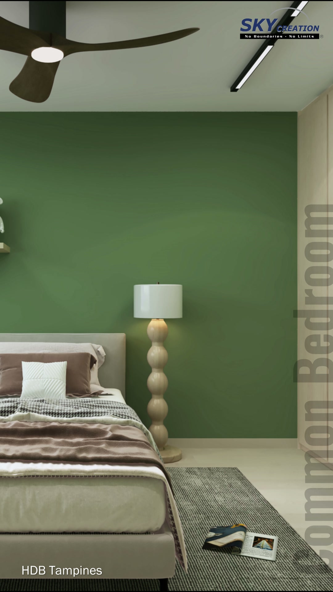 Tampines master bedroom passage with full-height pale wardrobes and warm neutral bedding