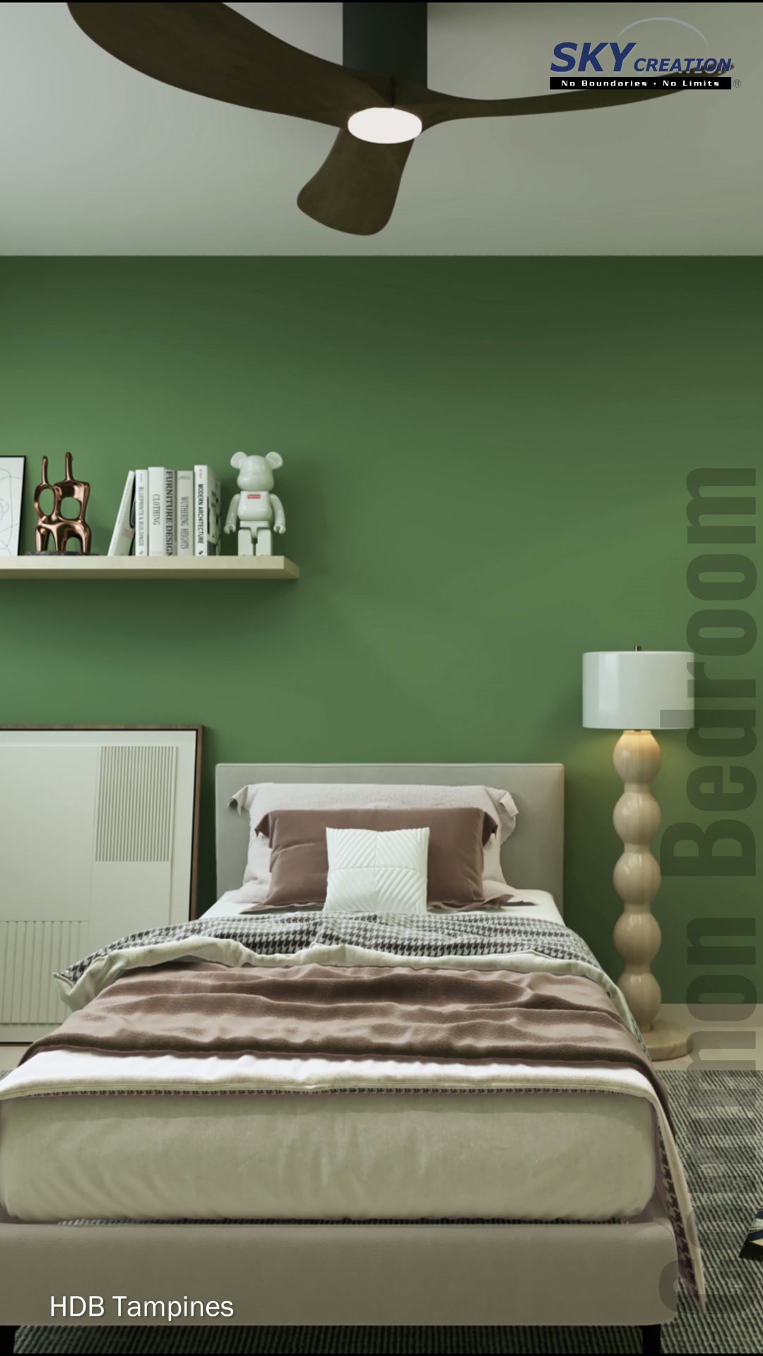Tampines common bedroom with green wall, single bed, display shelf and statement floor lamp