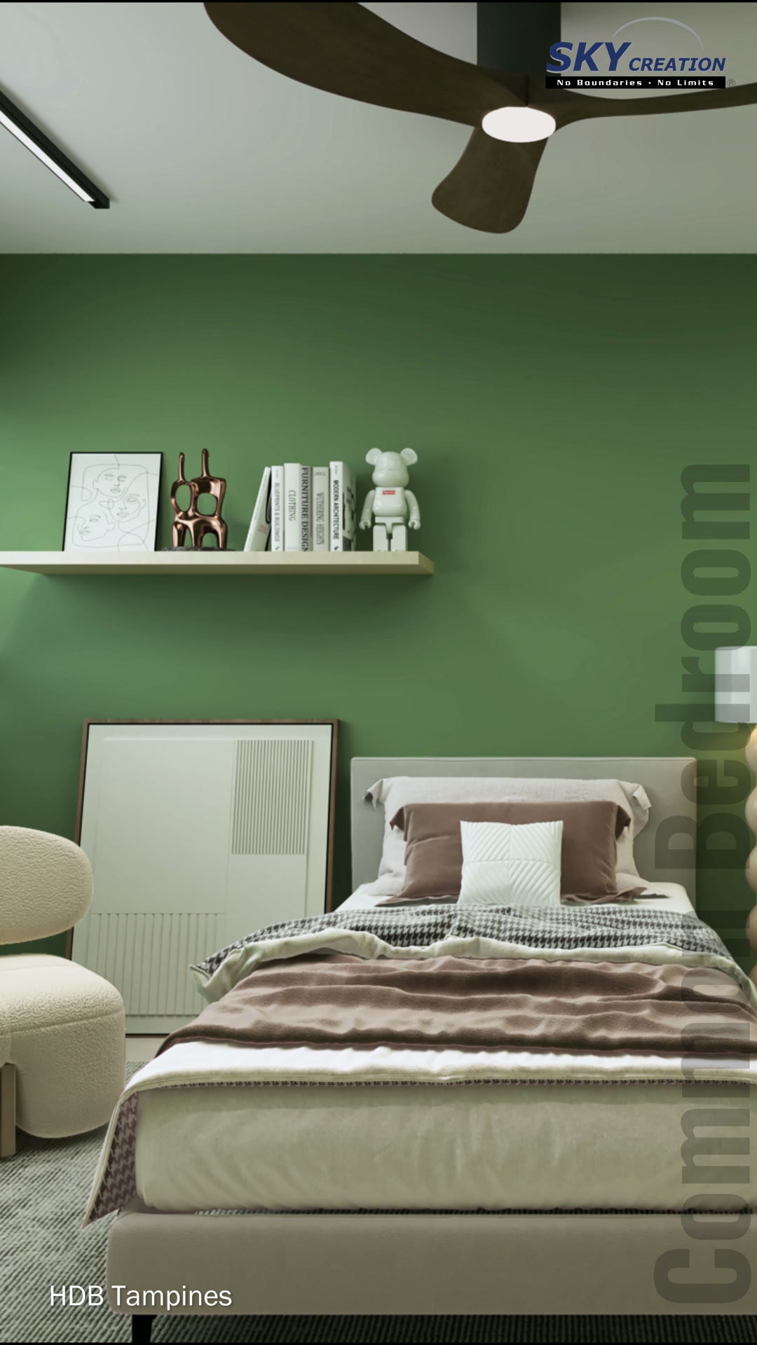 Tampines common bedroom with low pale cabinet, leaning artwork and rounded chair