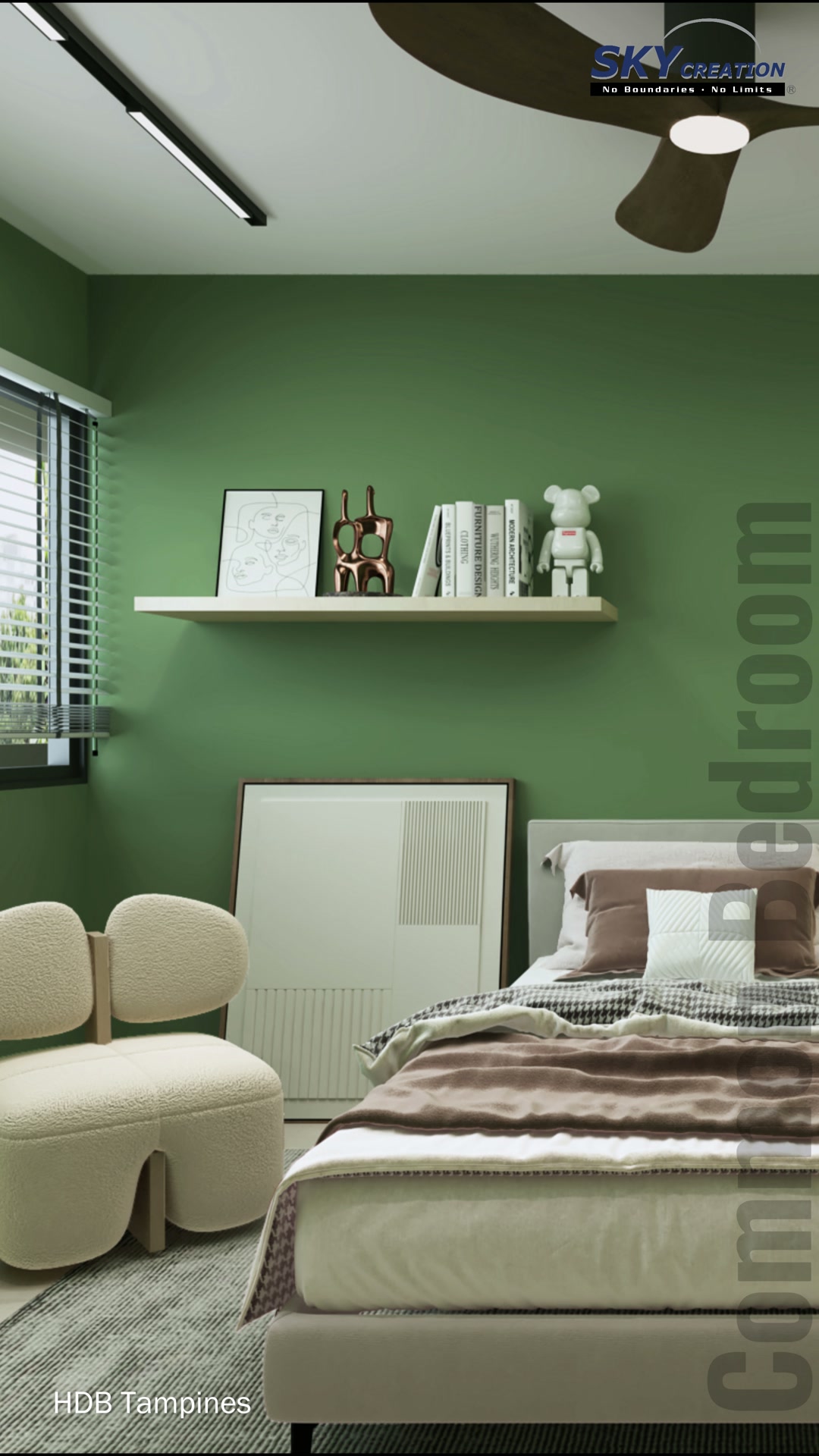 Tampines common bedroom with window, pale wardrobe, dark ceiling fan and black linear light