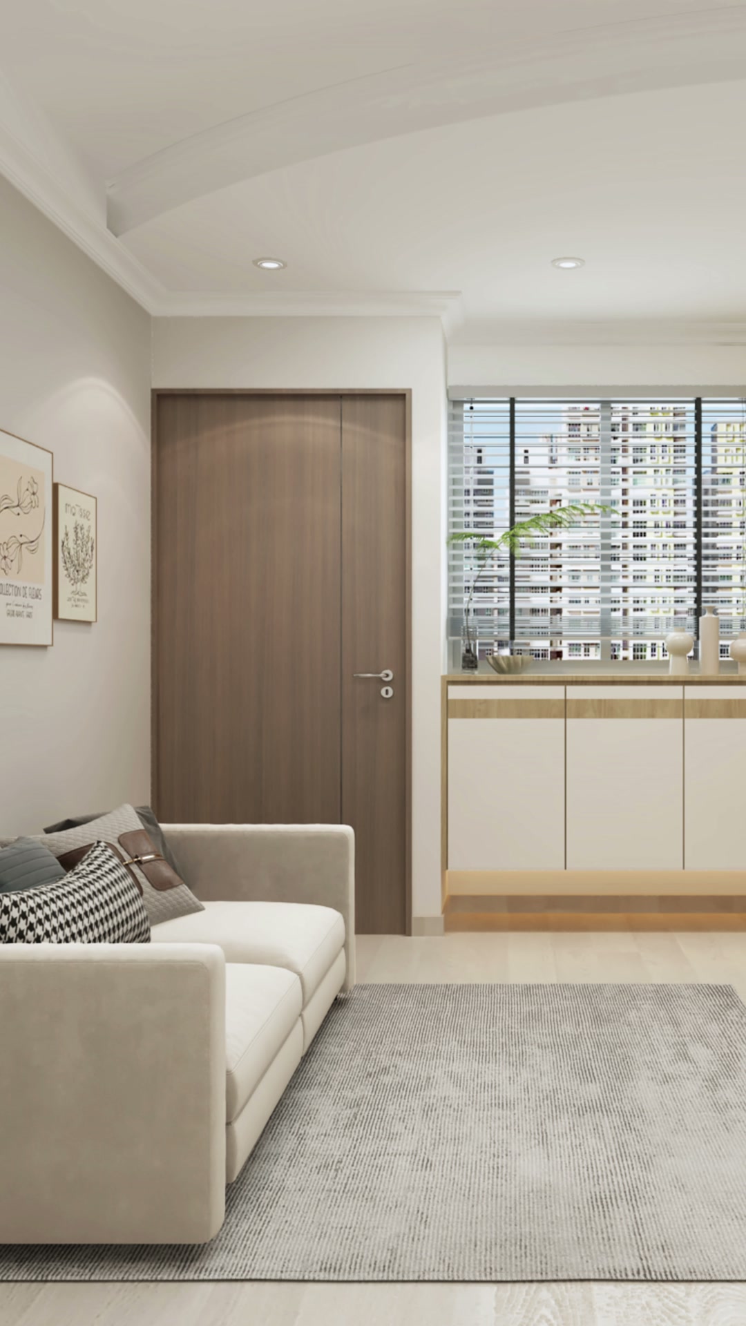 Chong Pang Green living area with pale sofa, framed wall art and timber entrance door