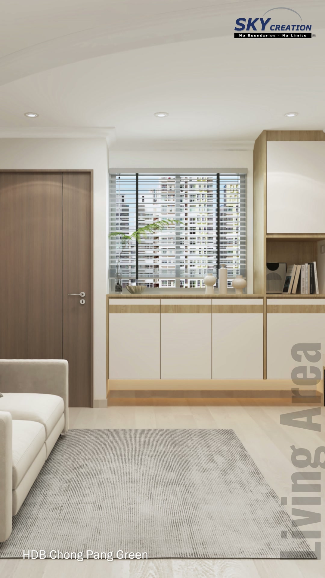 Chong Pang Green window cabinetry with white doors, timber trim and a clear walkway
