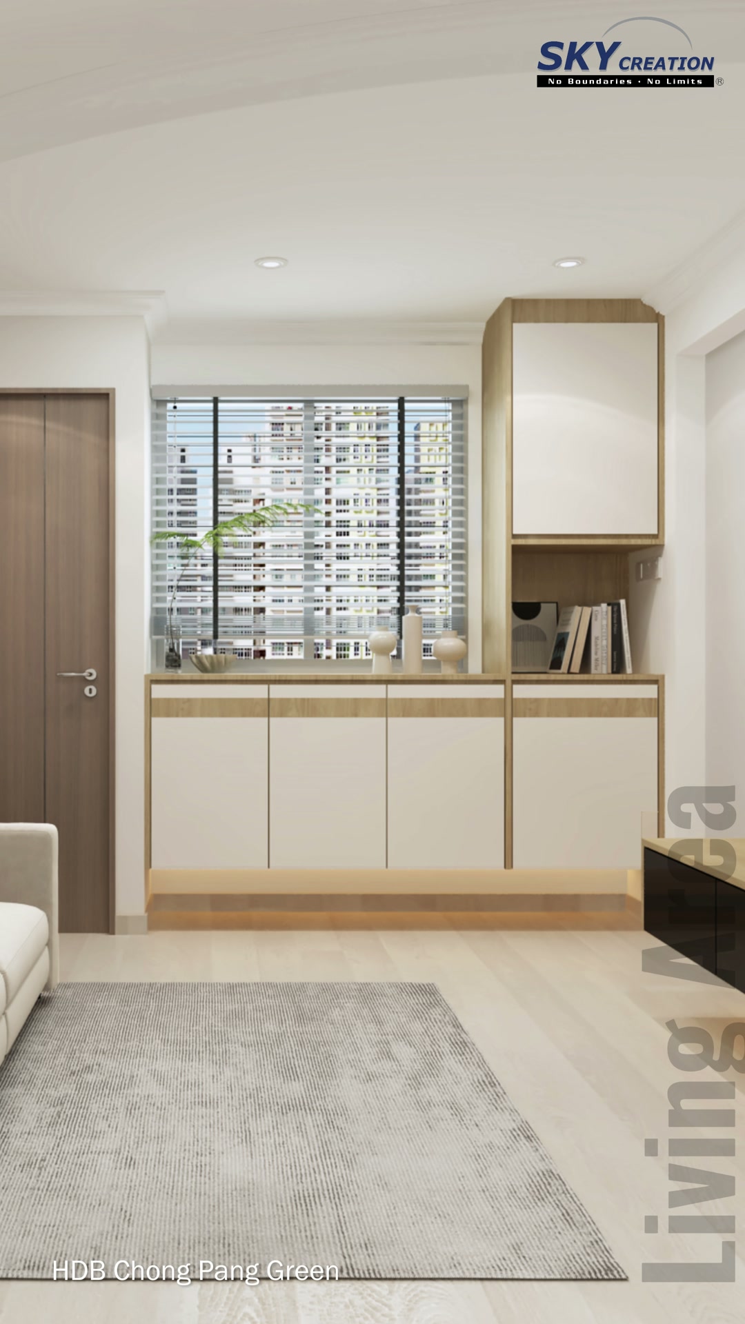 Chong Pang Green living room with tall display niche, grey rug and pale floor