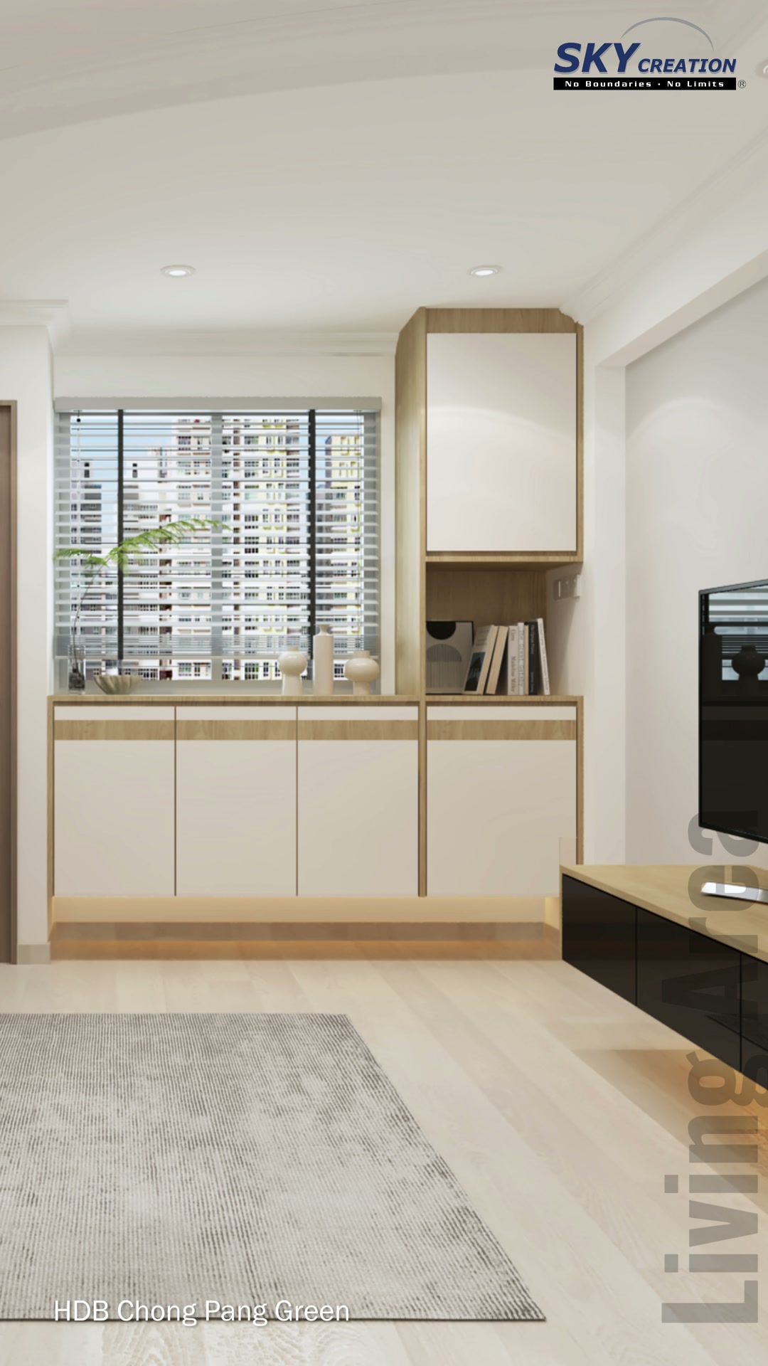 Chong Pang Green television wall with a floating black console and timber top