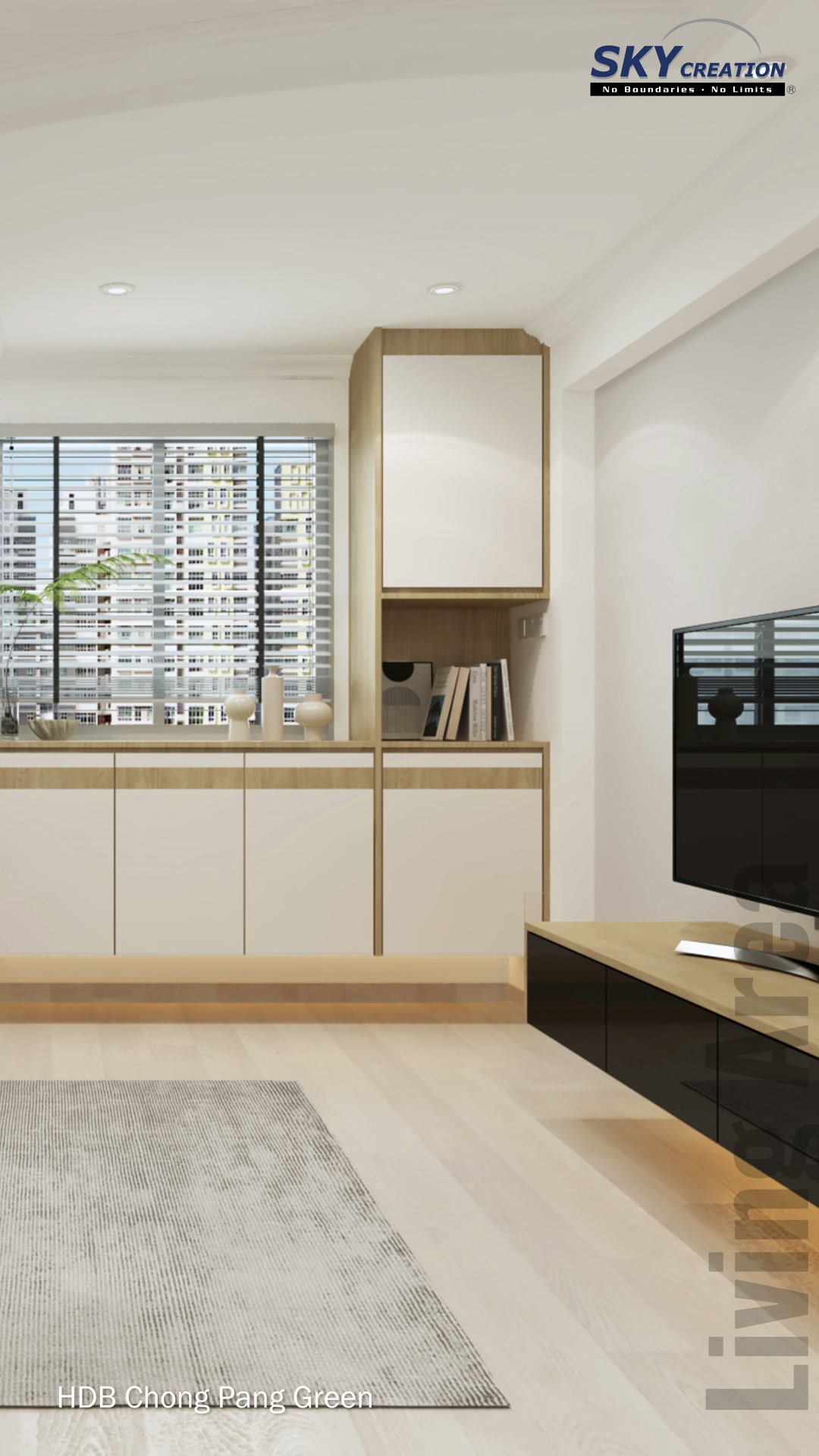 Chong Pang Green living area with window storage, tall cabinet and television console lighting