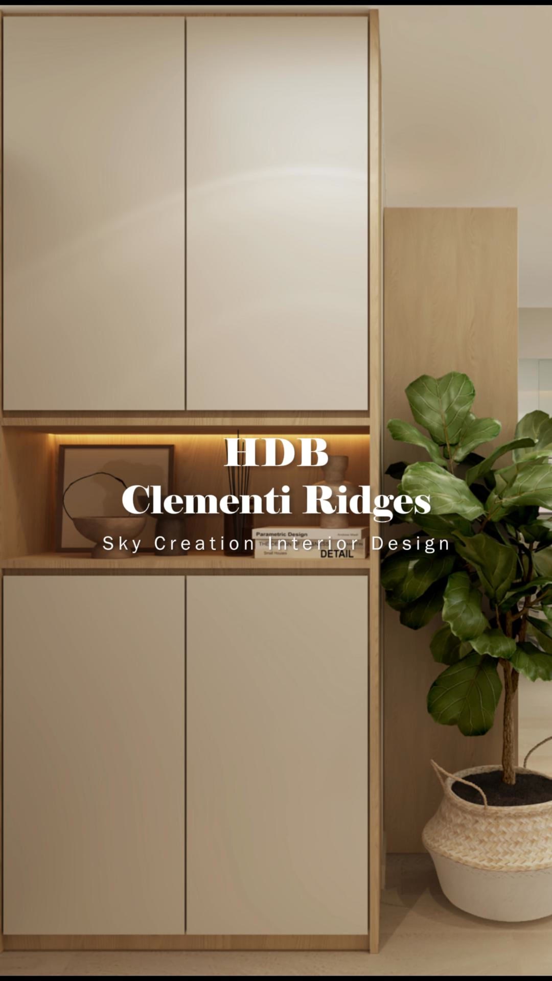 Original HDB Clementi Ridges 3D cover showing a pale entrance cabinet, warm timber display niche, wall mirror and large leafy plant