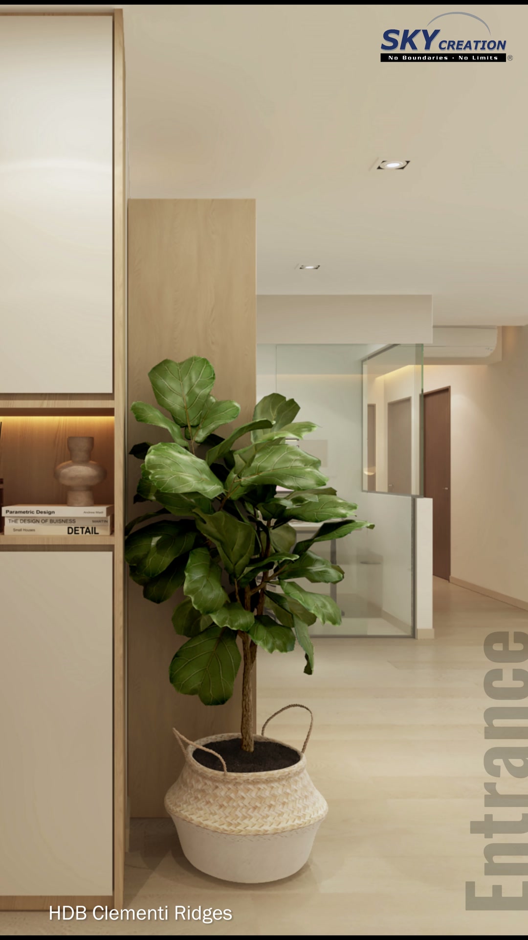 Clementi Ridges entrance with pale full-height cabinet, timber display niche, wall mirror and large plant