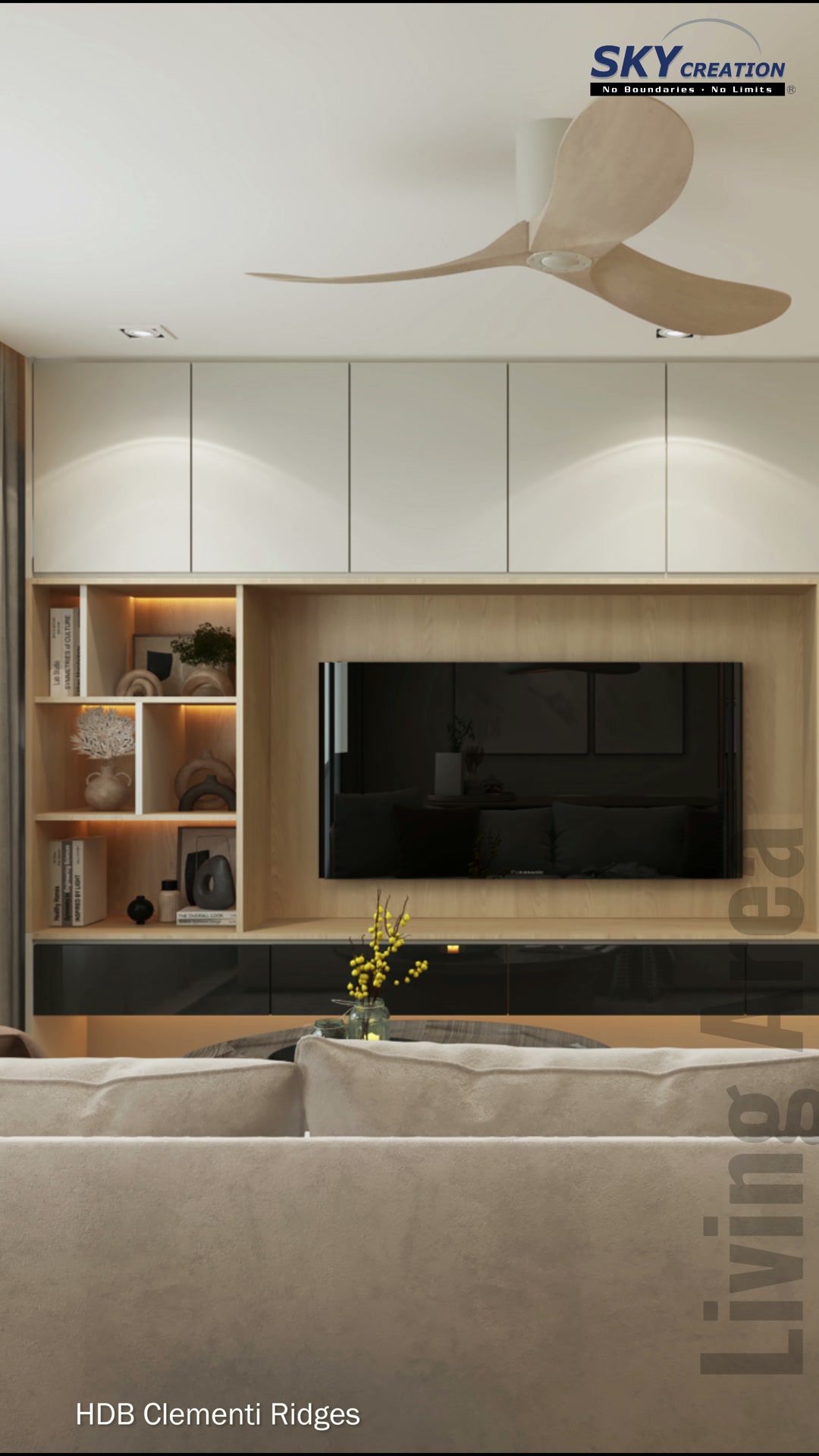 Clementi Ridges living room with timber-framed television wall, pale overhead storage and cream sofa