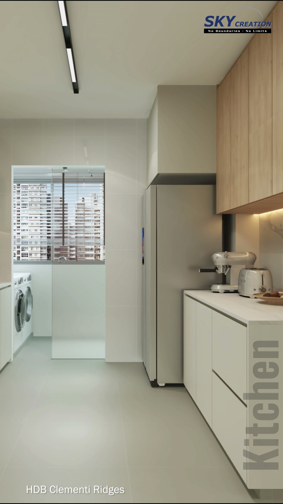 Clementi Ridges galley kitchen with timber upper cabinets, white drawers and rear laundry position