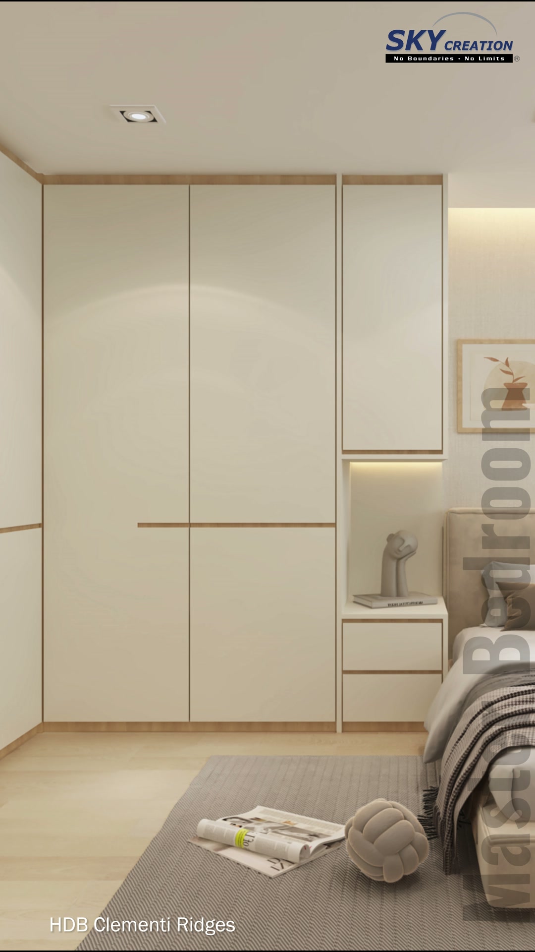 Clementi Ridges main bedroom with broad pale wardrobe, upholstered bed and warm bedside niche
