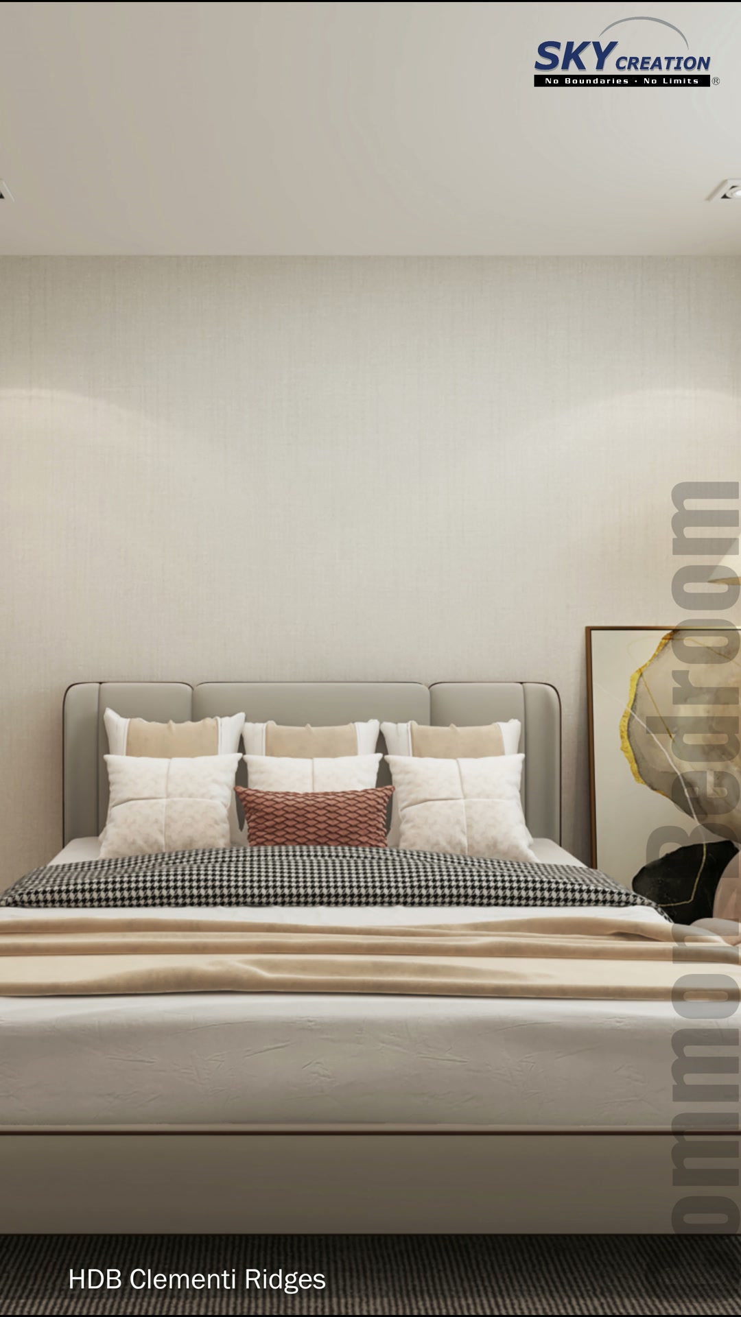 Clementi Ridges common bedroom with pale cupboards, rounded timber display recess and sculptural lamp