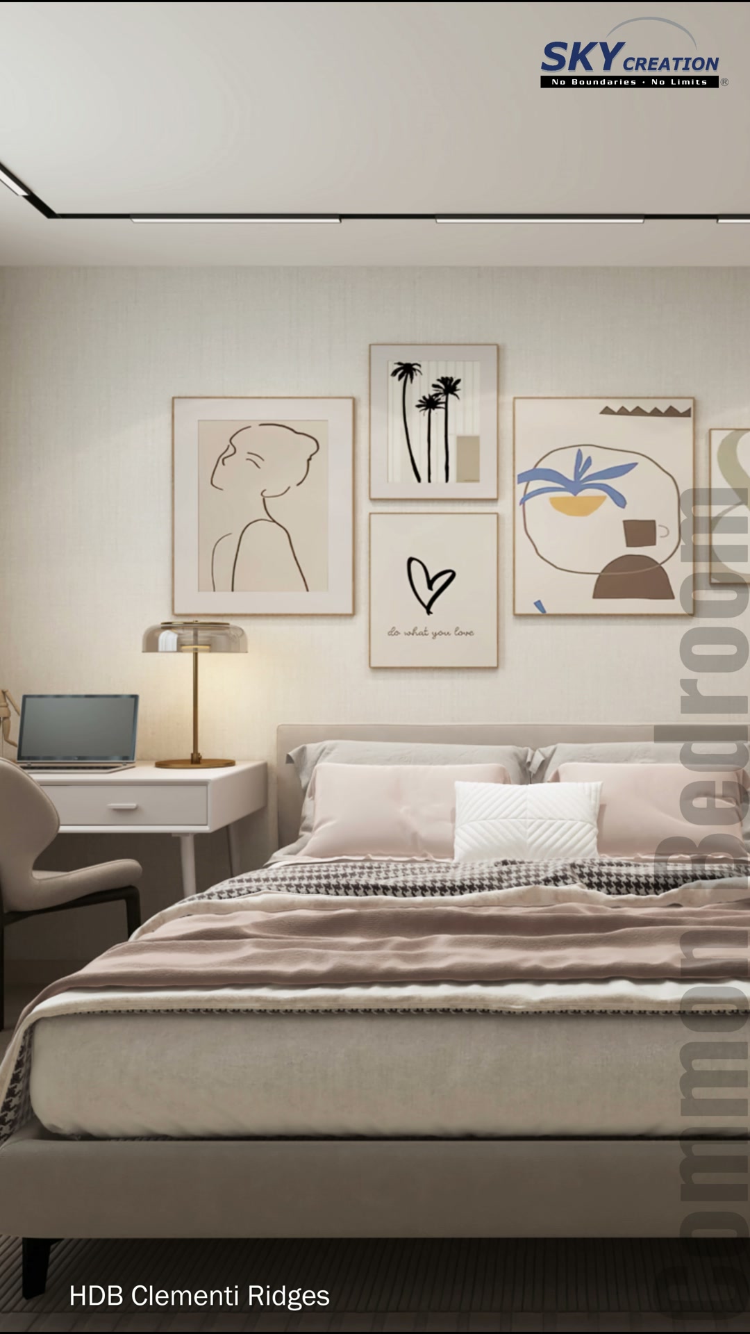 Clementi Ridges study bedroom with wardrobe wall, desk, framed art and black ceiling detail