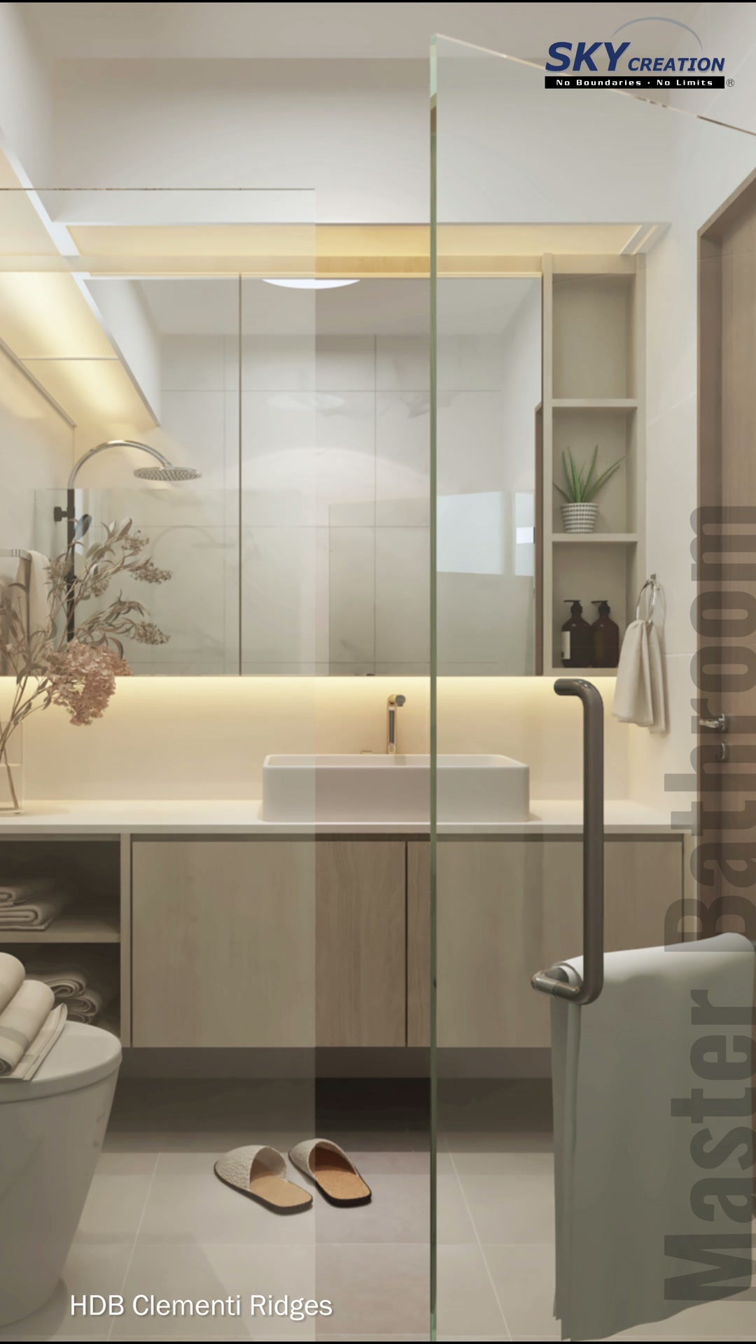 Clementi Ridges main bathroom with double vessel basins, mirror storage and warm vanity lighting