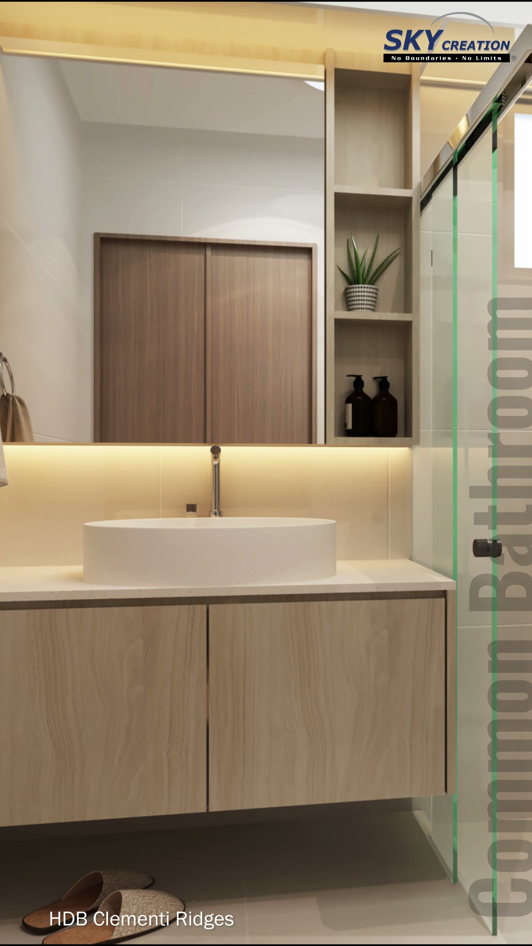 Clementi Ridges common bathroom with floating timber vanity, mirror cabinet and glass shower enclosure