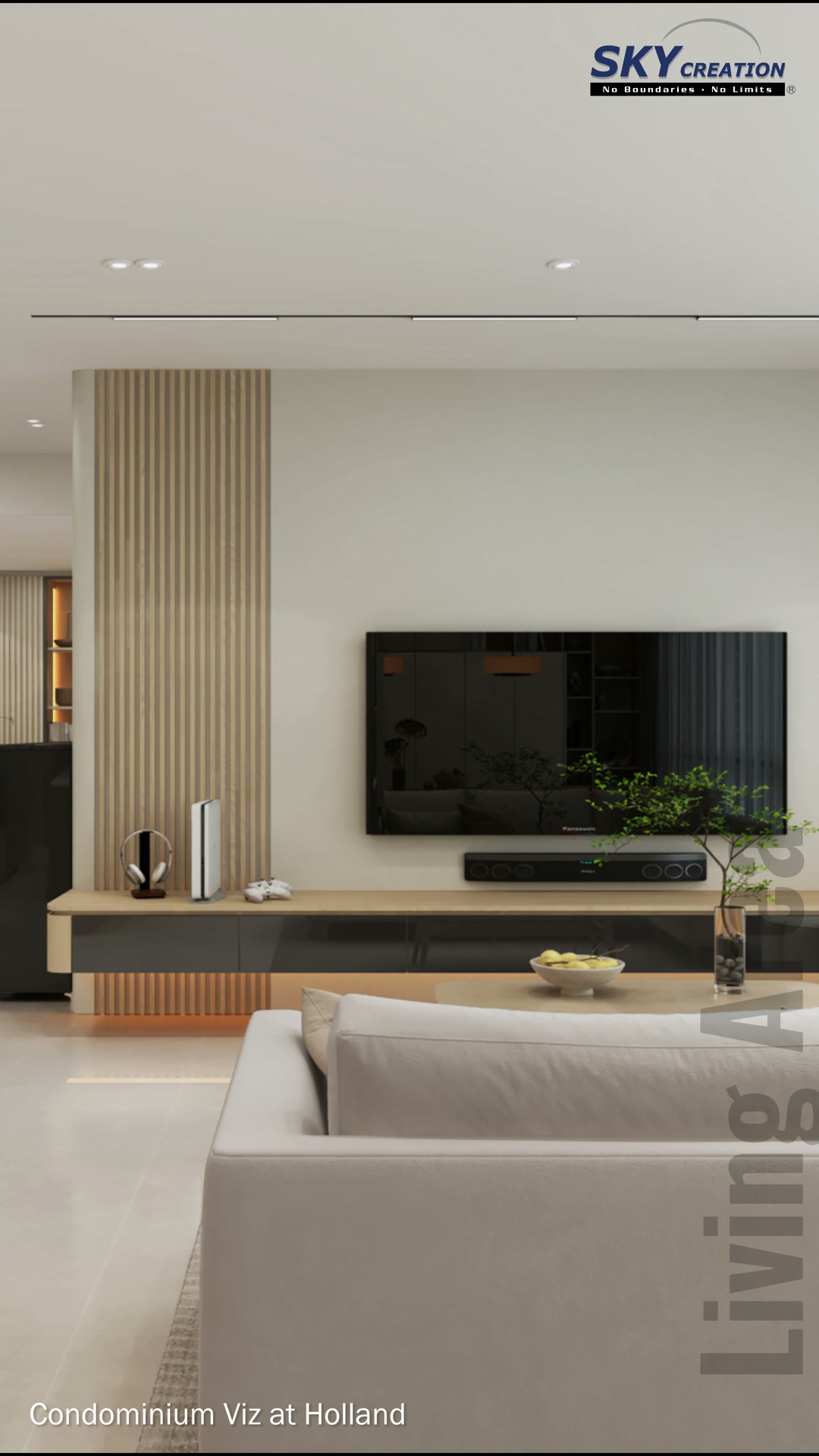 Viz at Holland living room with pale sectional sofa, timber television console and rounded fluted divider