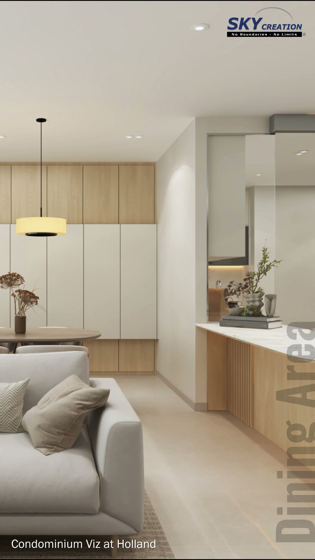 Viz at Holland open living and dining area with circular pendant lights and full-height storage