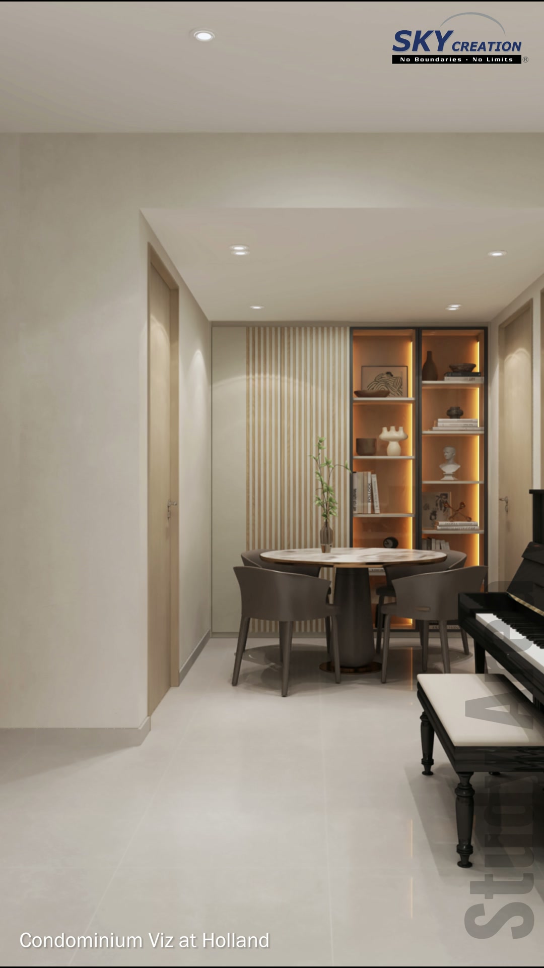 Viz at Holland dining area beside a black upright piano and warm-lit display shelving