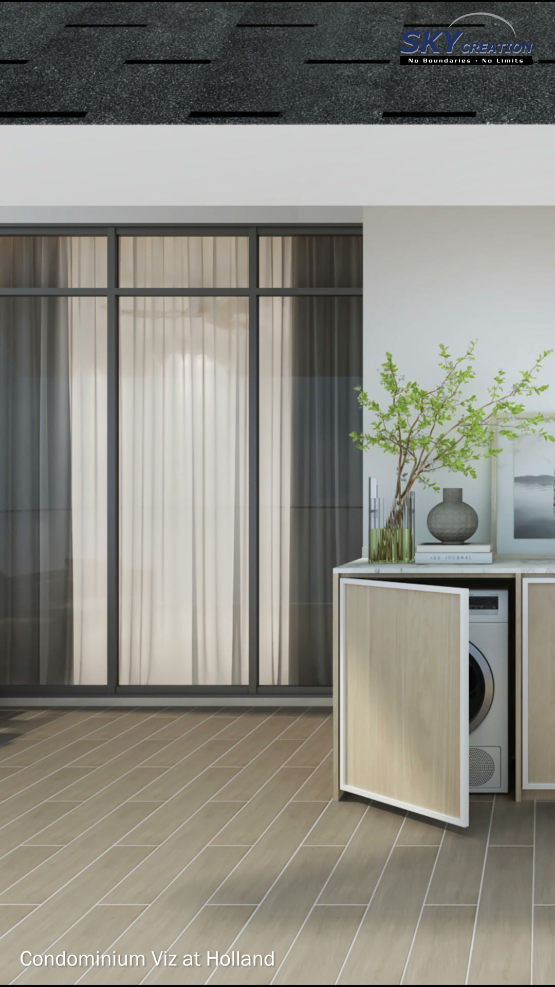 Viz at Holland balcony utility cabinet with concealed washing machine and black-framed sliding opening