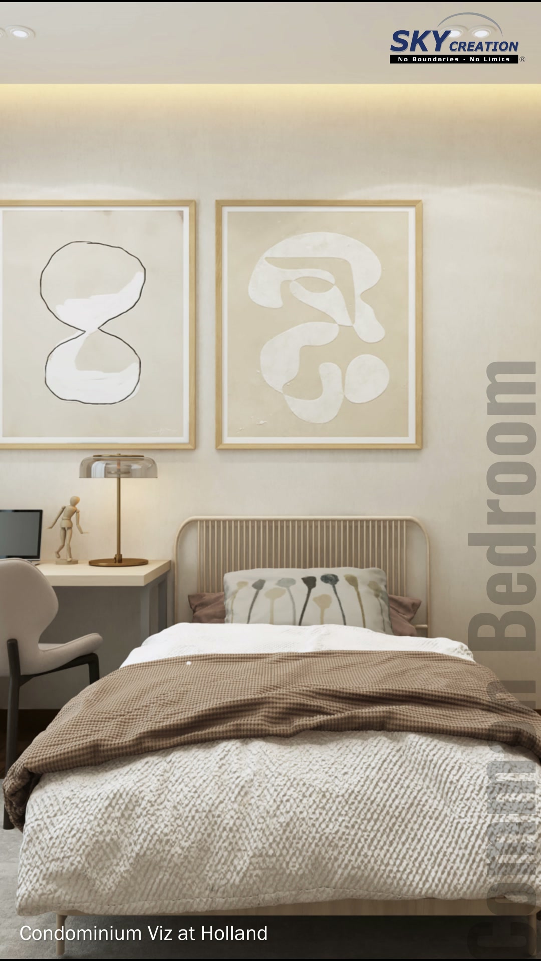 Viz at Holland bedroom with upholstered bed, abstract artwork and compact study desk