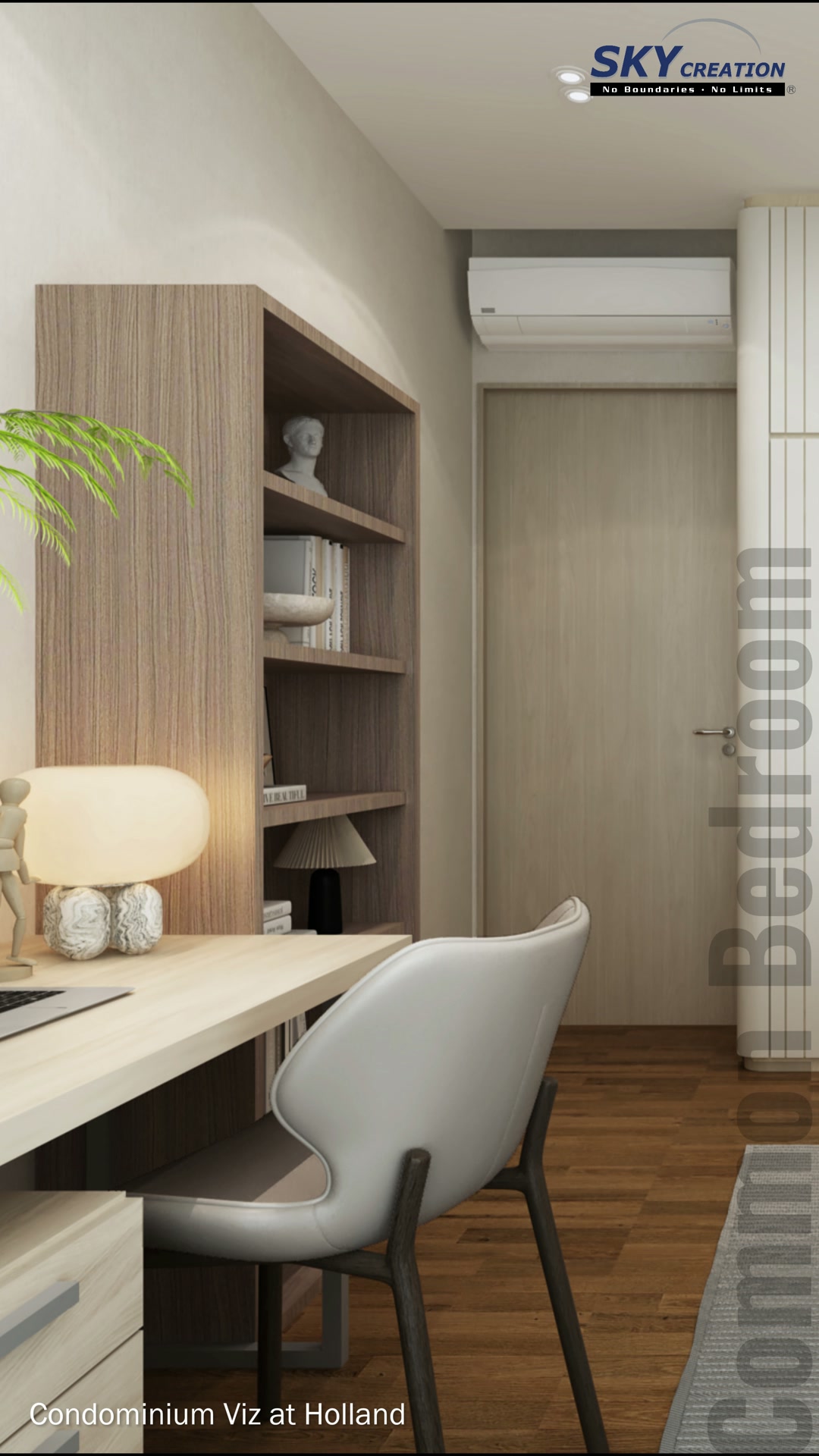 Viz at Holland secondary bedroom study with timber shelving and ribbed full-height wardrobe