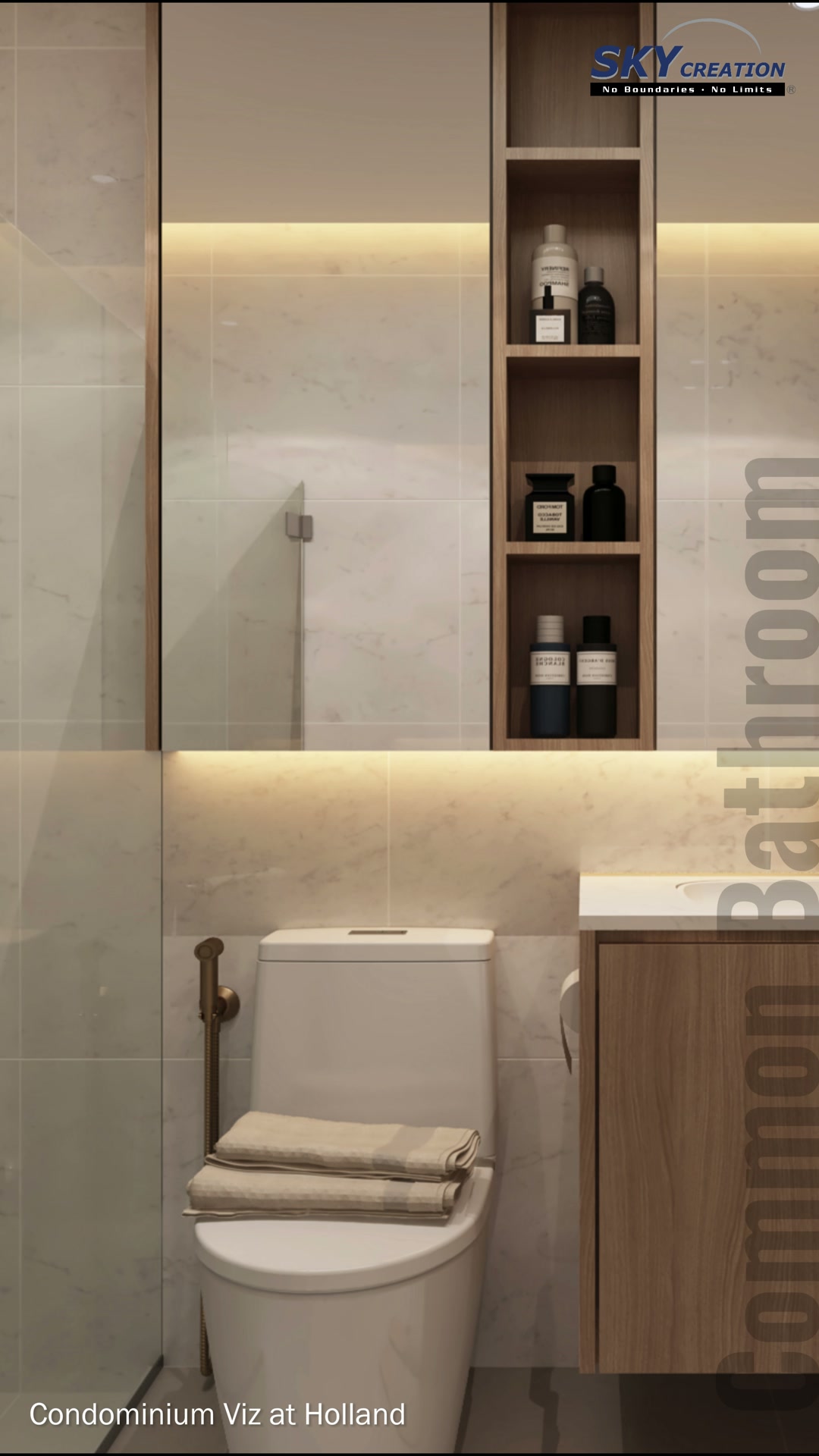 Viz at Holland bathroom with floating timber vanity, long mirror and warm concealed lighting