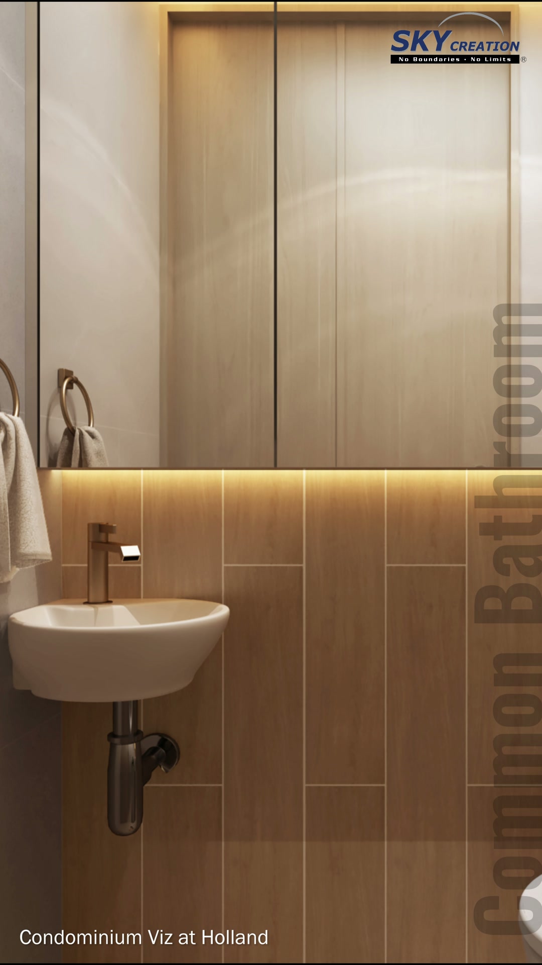 Viz at Holland bathroom with pale stone surfaces, open display shelf and wall-mounted vanity