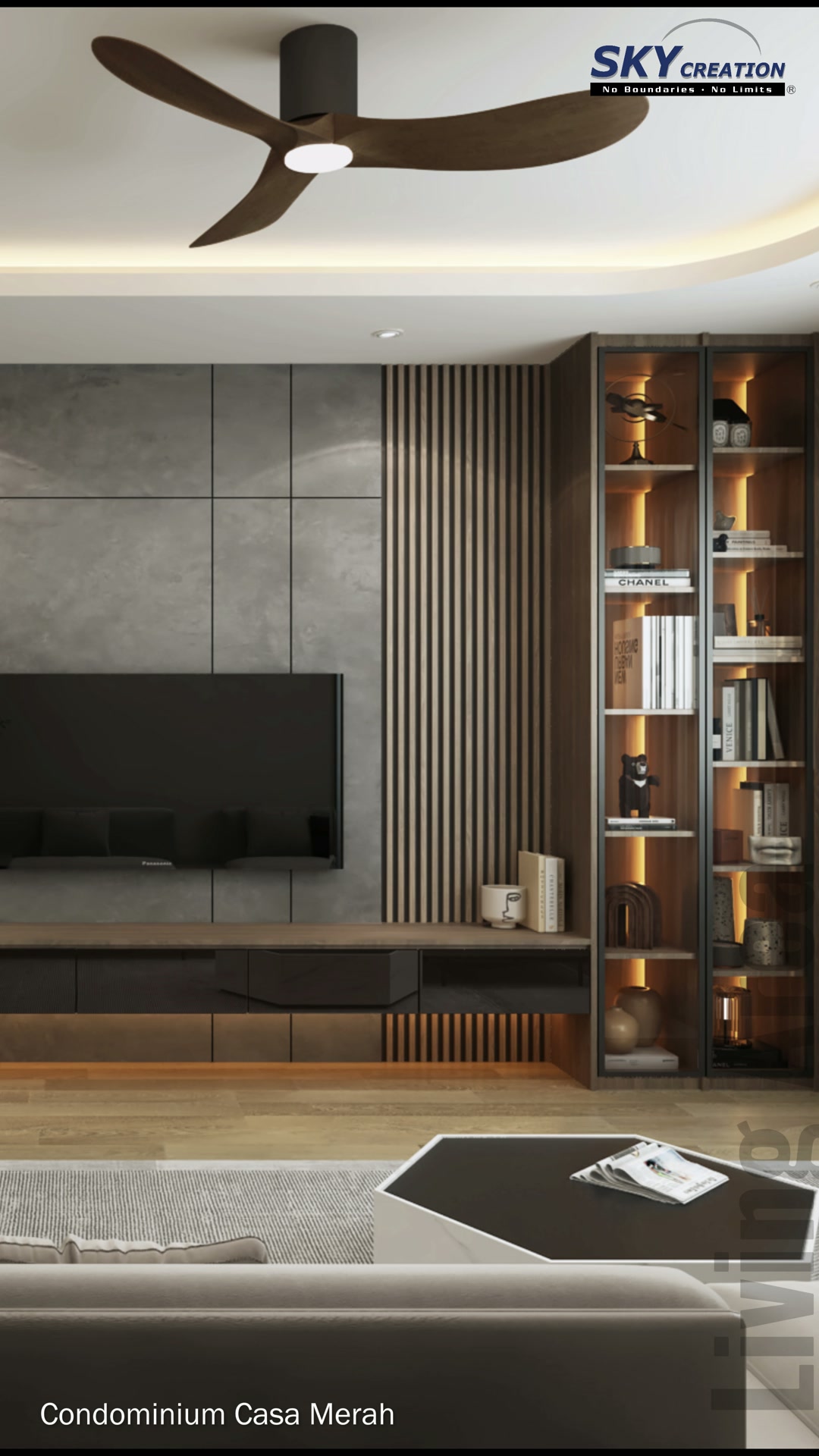 Casa Merah 3D living room with a grey panelled television wall, piano, low timber console and illuminated display shelving