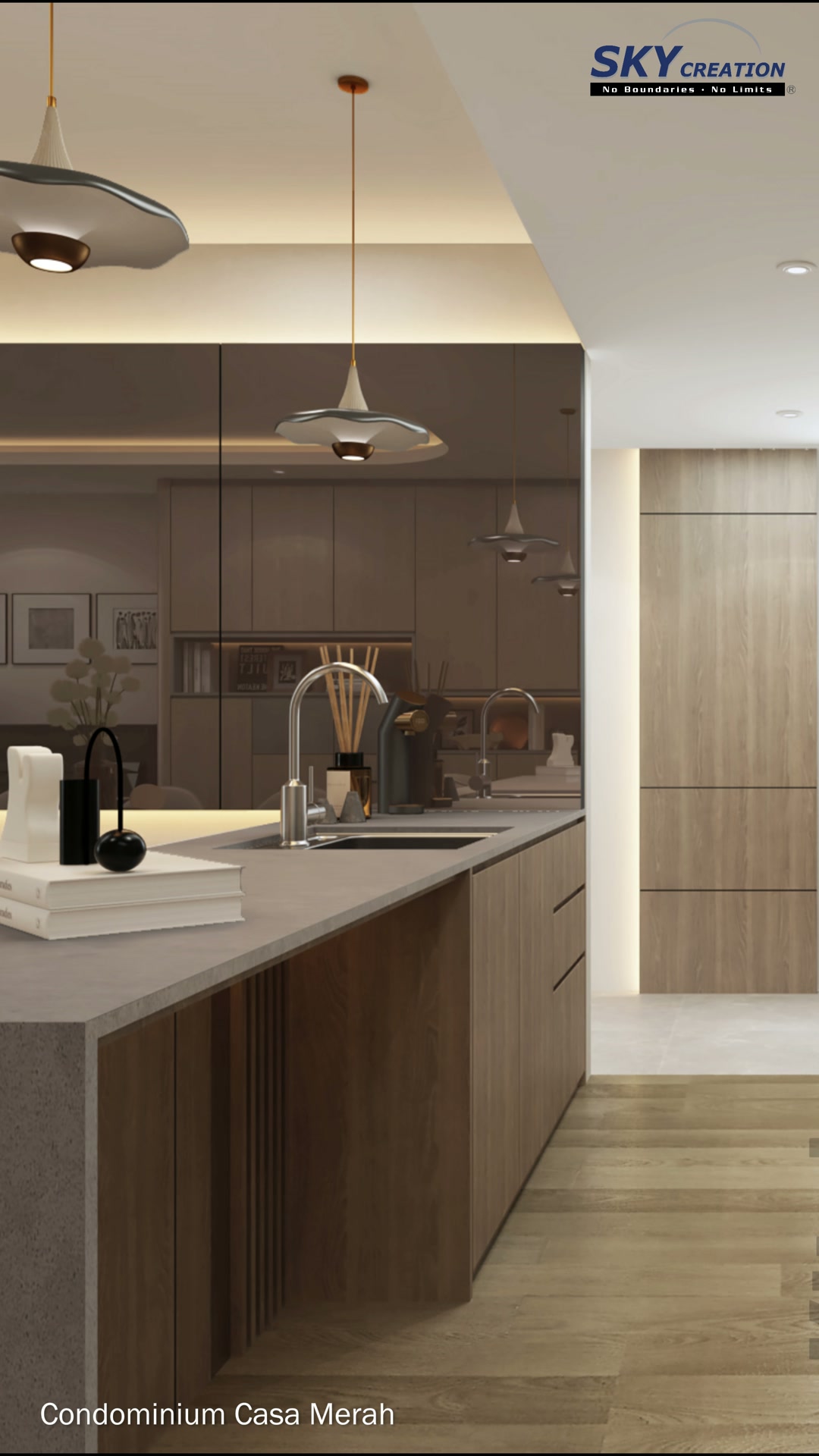 Casa Merah kitchen peninsula with a black tap, dark mirrored backsplash and timber cabinetry