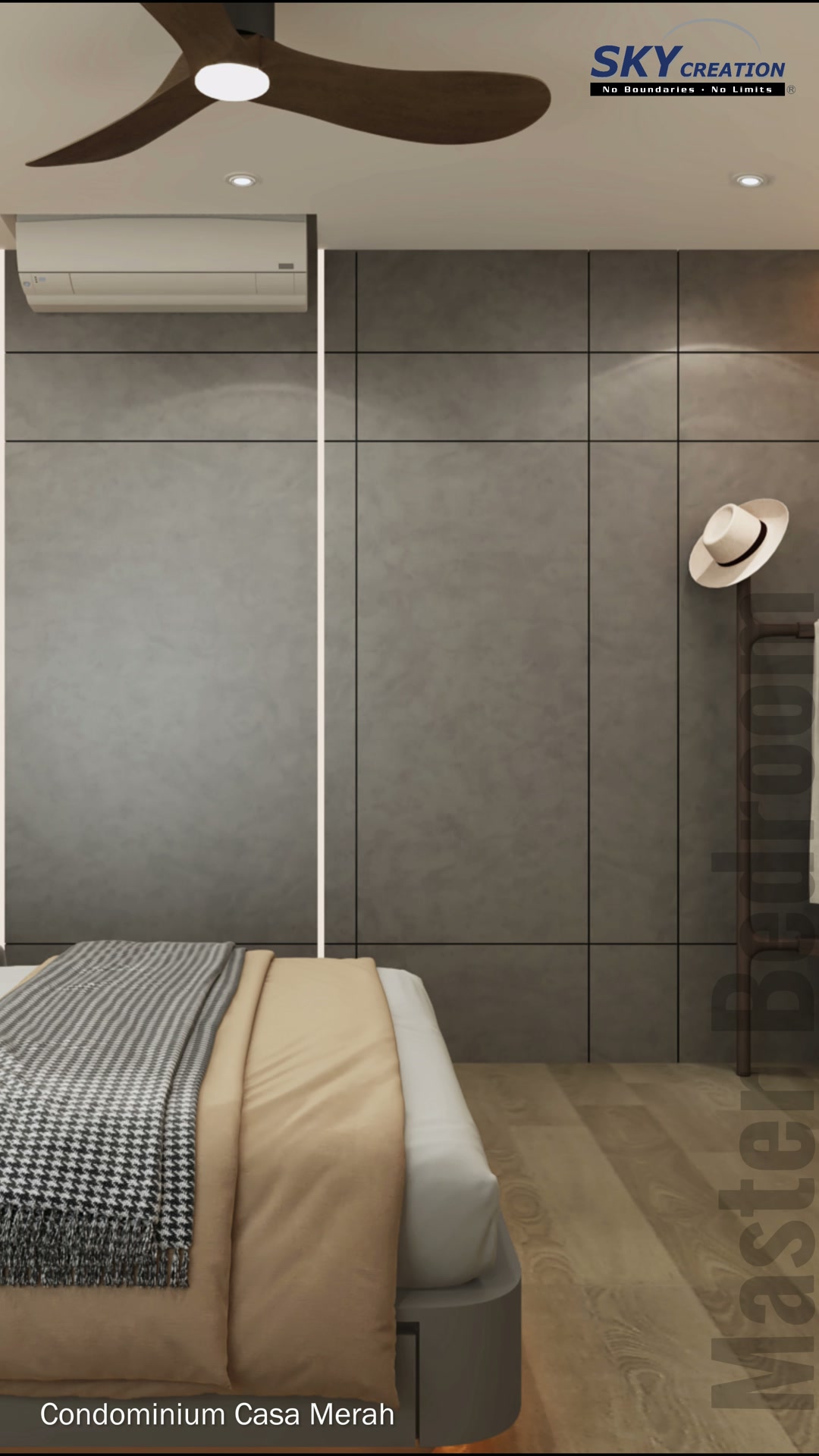 Casa Merah master bedroom with grey full-height storage, warm lighting and a slatted bedside feature
